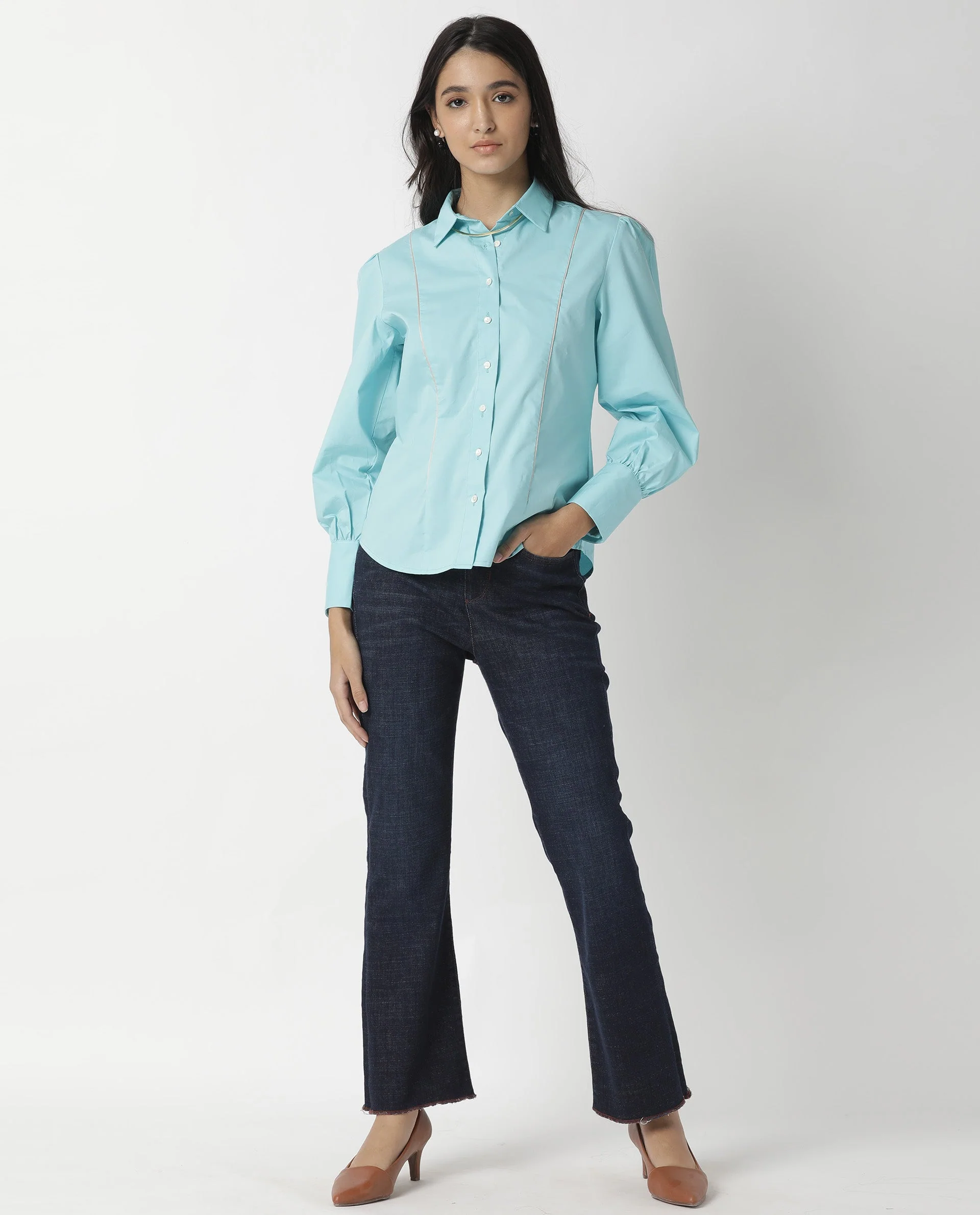 Rareism Women's Bumble Blue Cotton Blend Spread Collar Plain Cuffed Sleeve Regular Fit Top - Image 2
