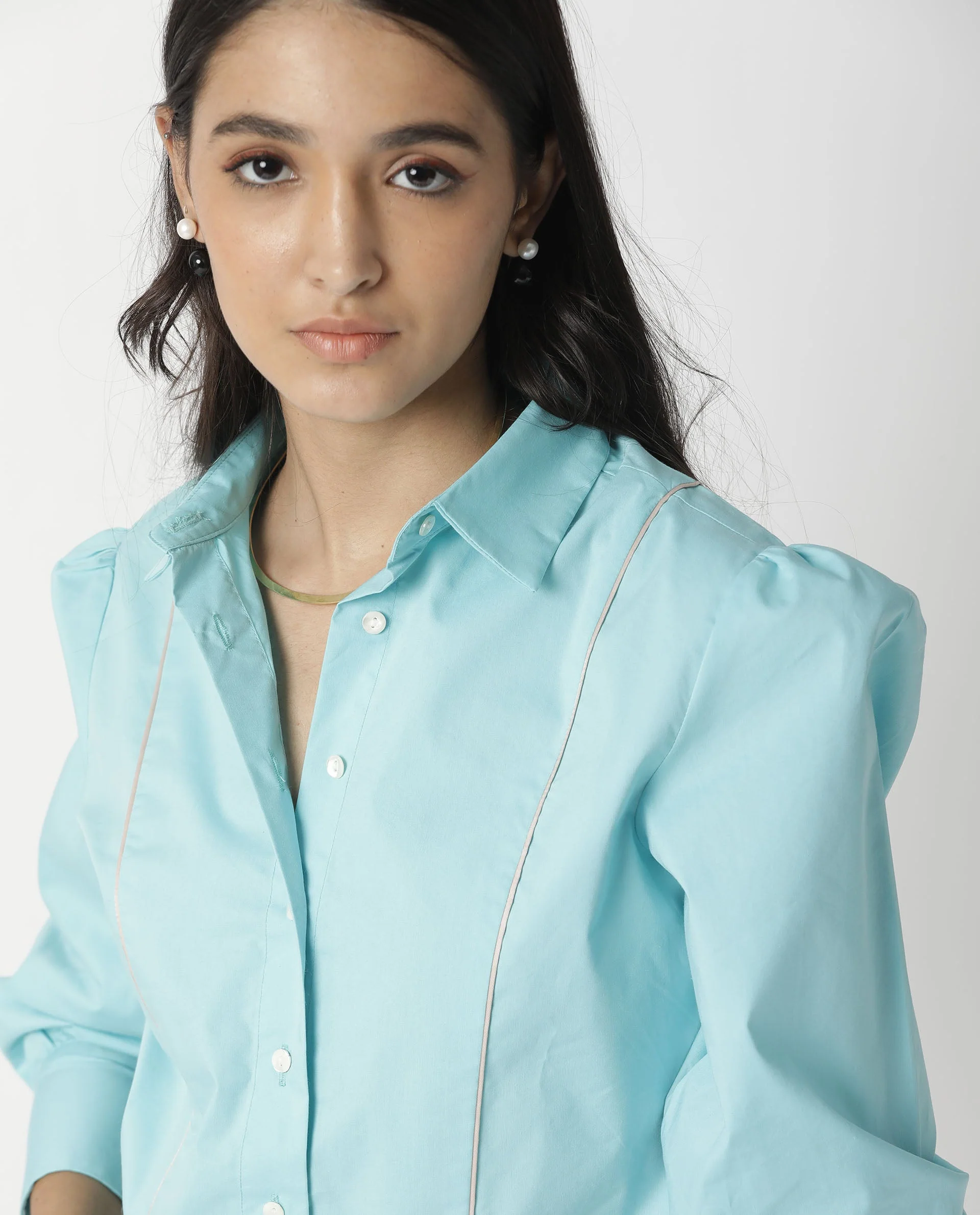 Rareism Women's Bumble Blue Cotton Blend Spread Collar Plain Cuffed Sleeve Regular Fit Top - Image 5