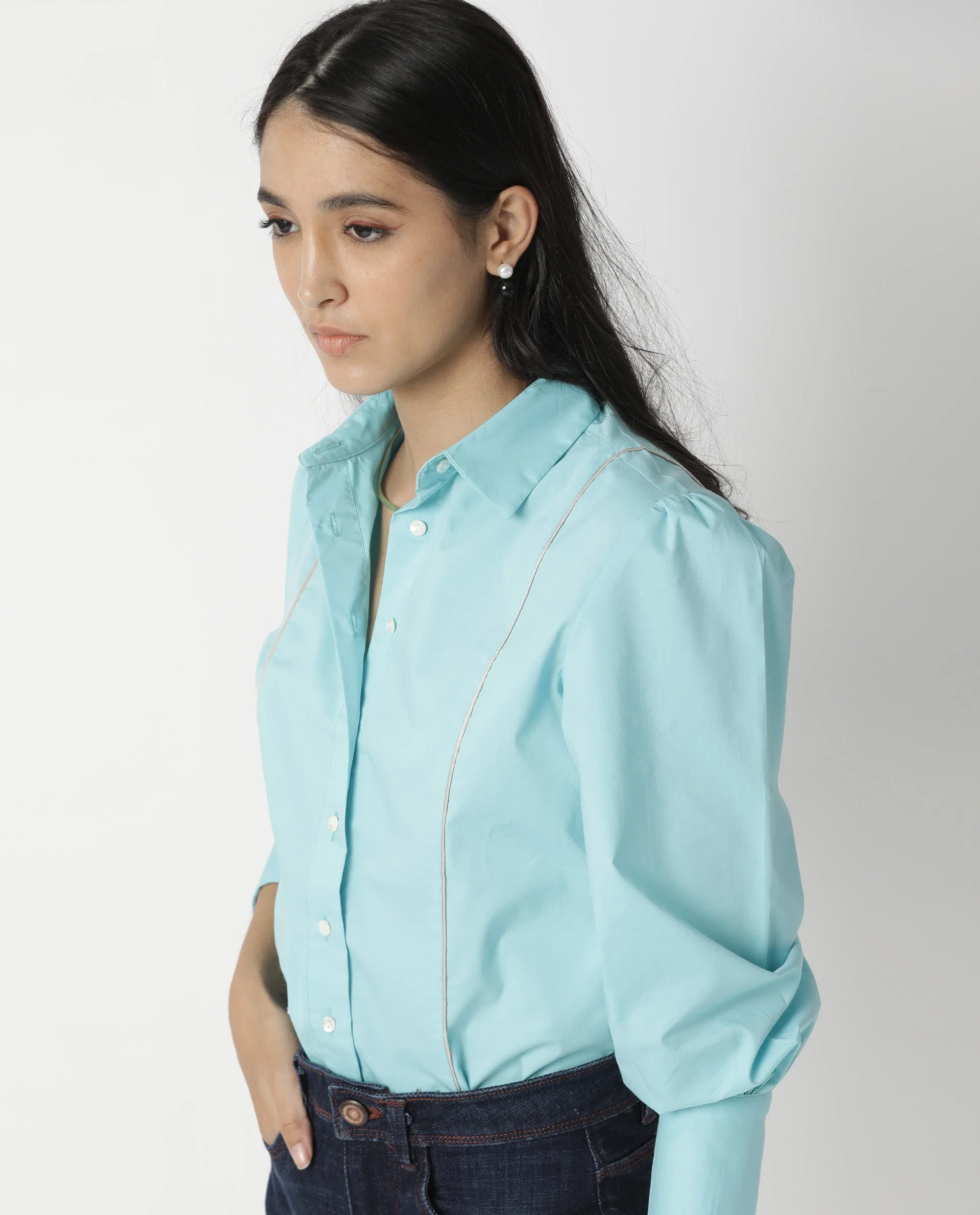 Rareism Women's Bumble Blue Cotton Blend Spread Collar Plain Cuffed Sleeve Regular Fit Top - Image 6