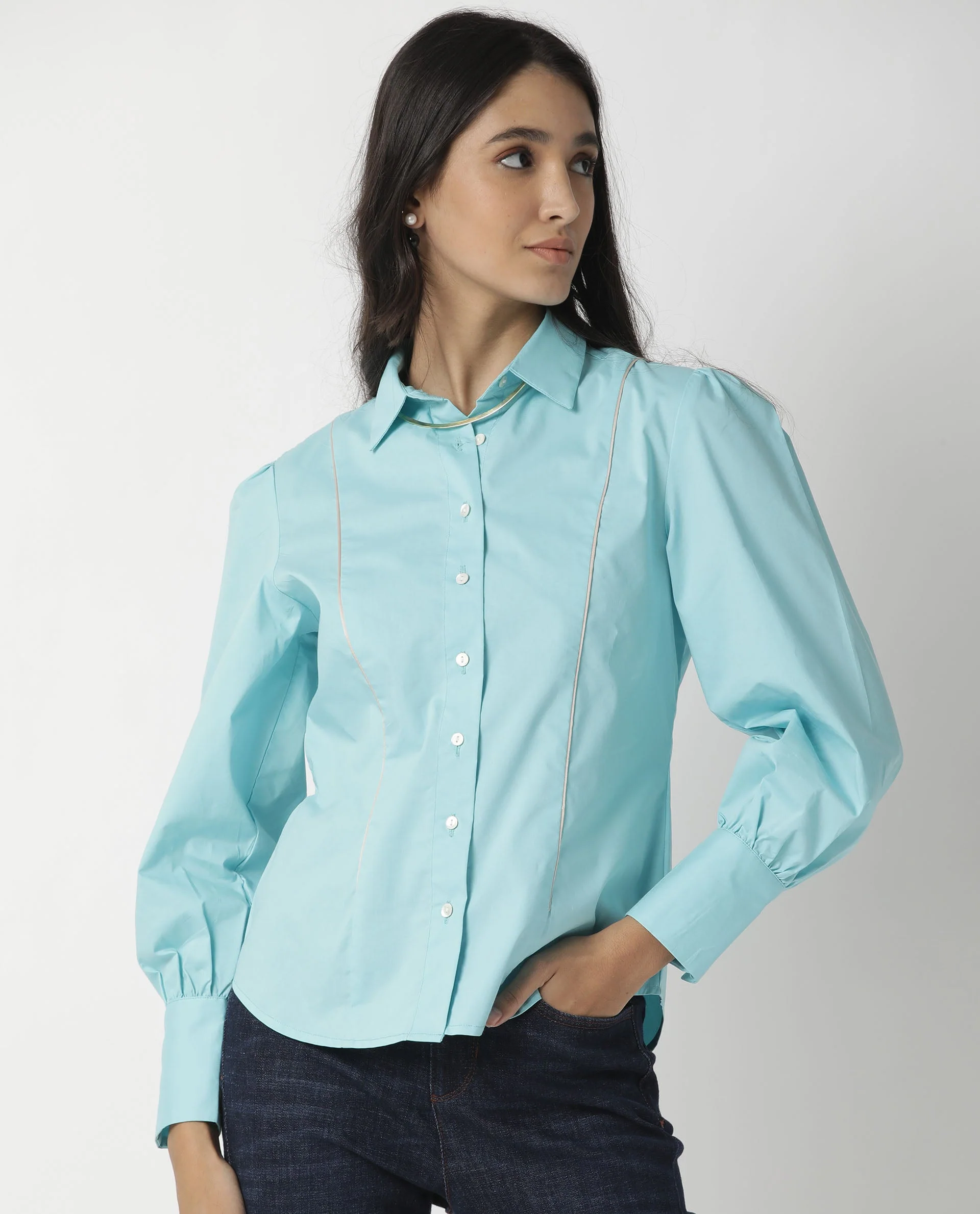 Rareism Women's Bumble Blue Cotton Blend Spread Collar Plain Cuffed Sleeve Regular Fit Top - Image 7