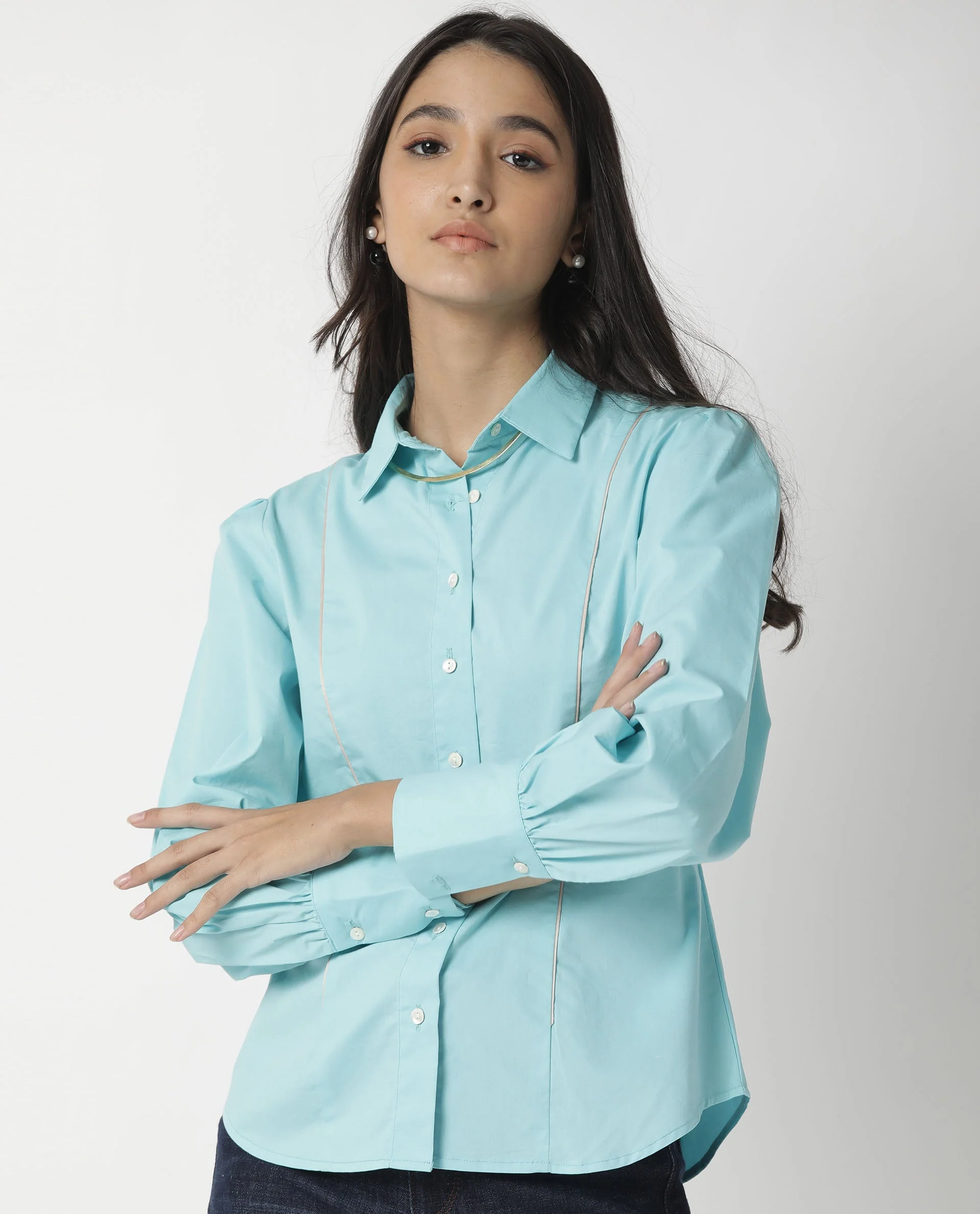 Rareism Women's Bumble Blue Cotton Blend Spread Collar Plain Cuffed Sleeve Regular Fit Top - Image 8