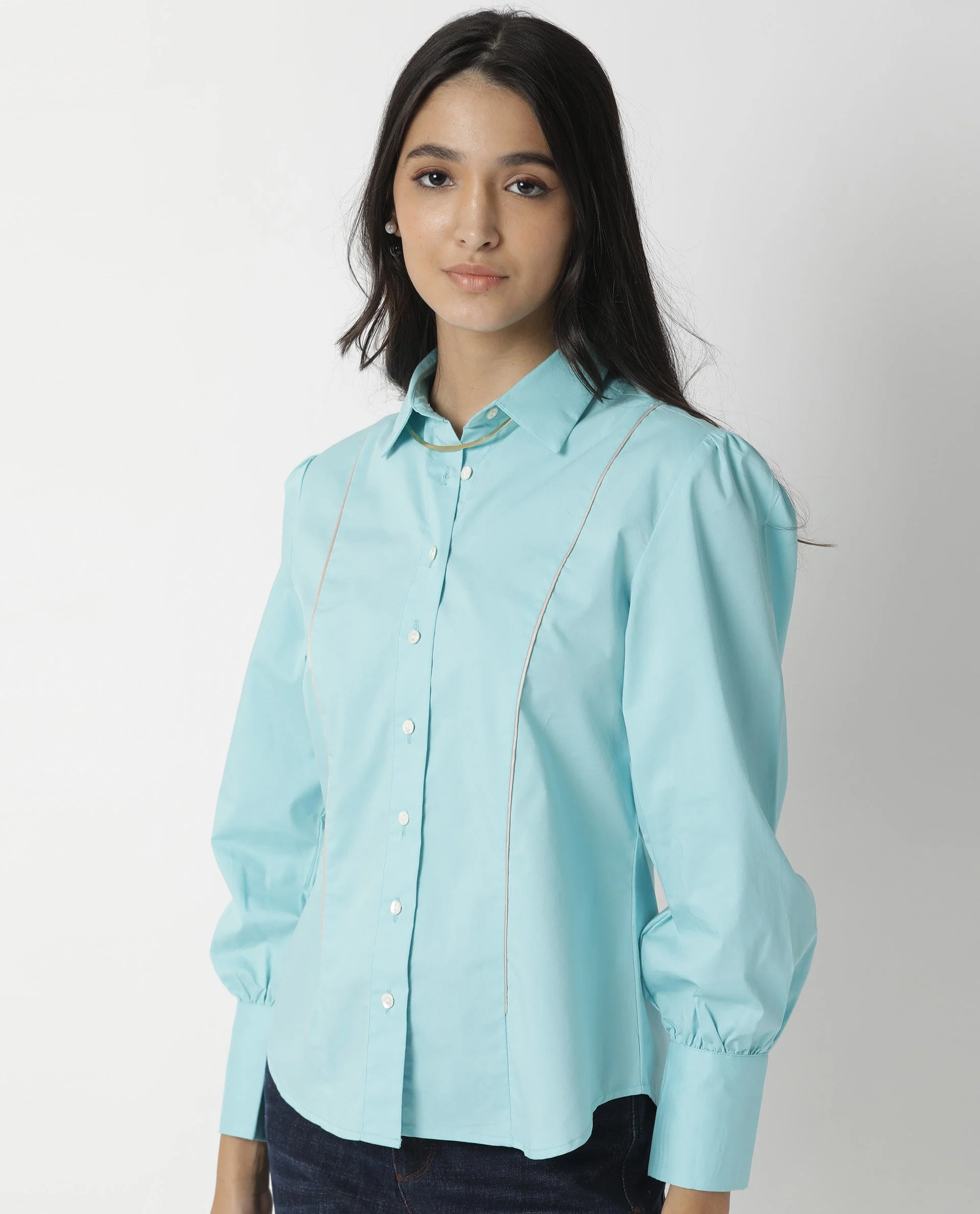 Rareism Women's Bumble Blue Cotton Blend Spread Collar Plain Cuffed Sleeve Regular Fit Top - Image 9