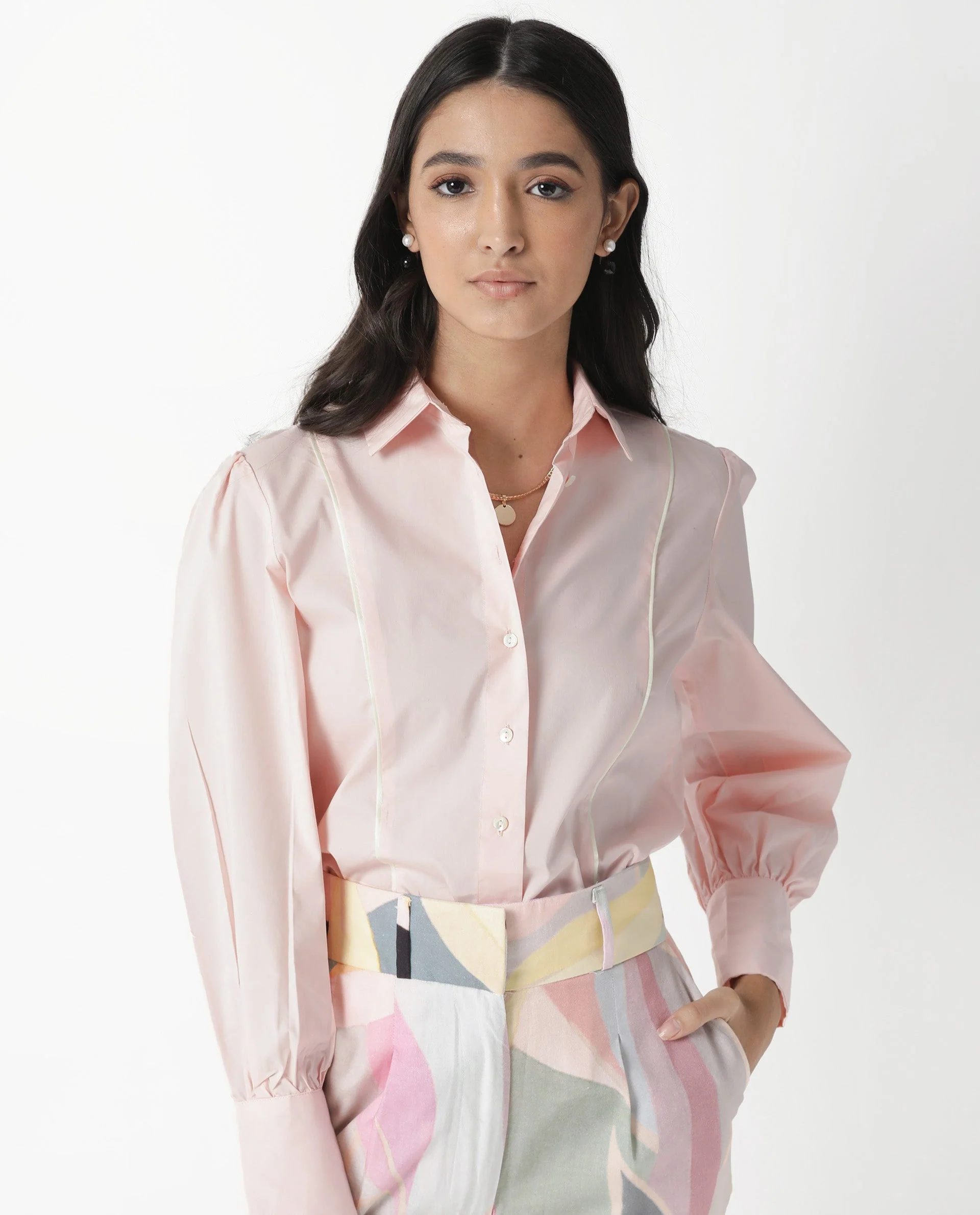 Rareism Womens Bumble Pink Top Cotton Lycra Fabric Regular Fit Cuffed Sleeve Collared Neck