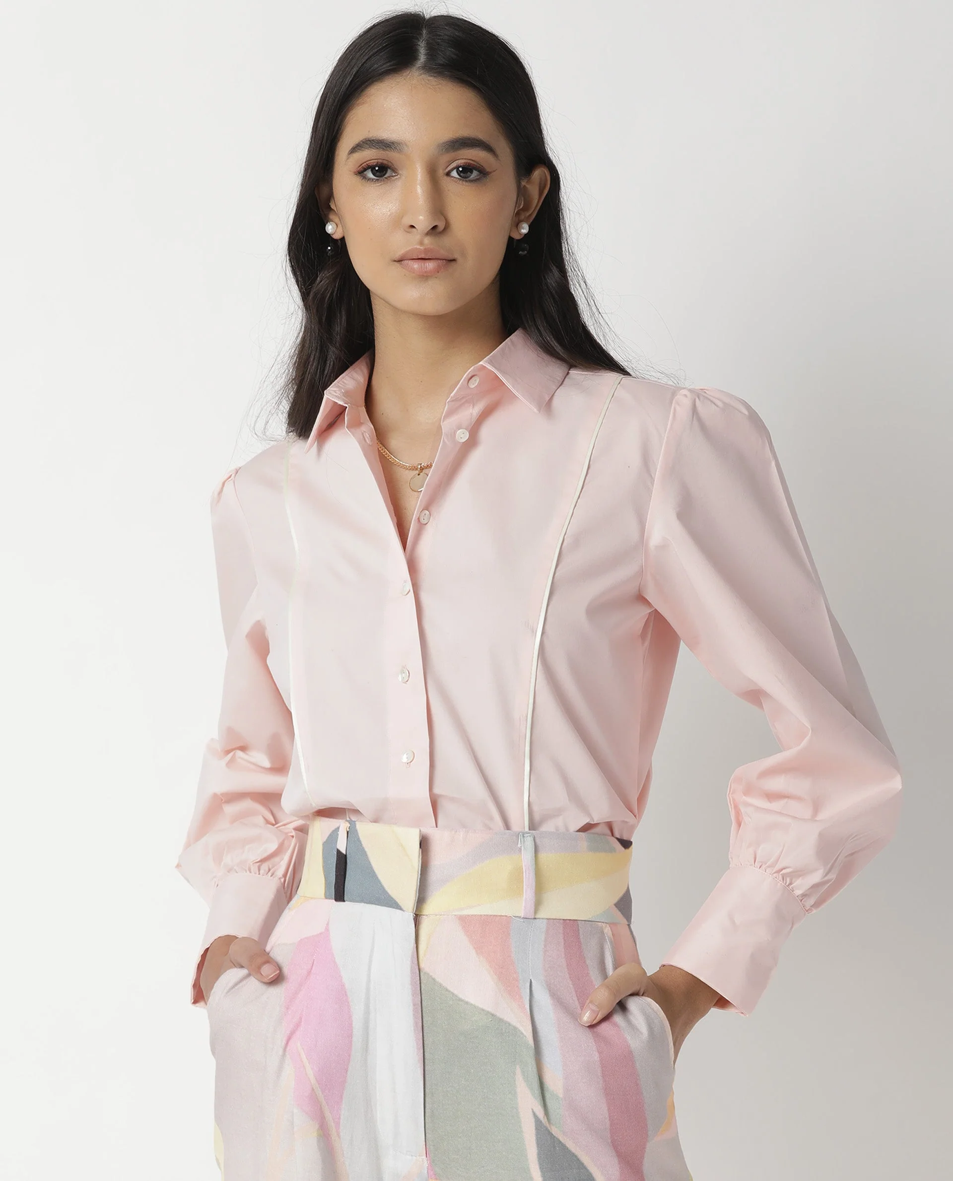 Rareism Womens Bumble Pink Top Cotton Lycra Fabric Regular Fit Cuffed Sleeve Collared Neck - Image 5