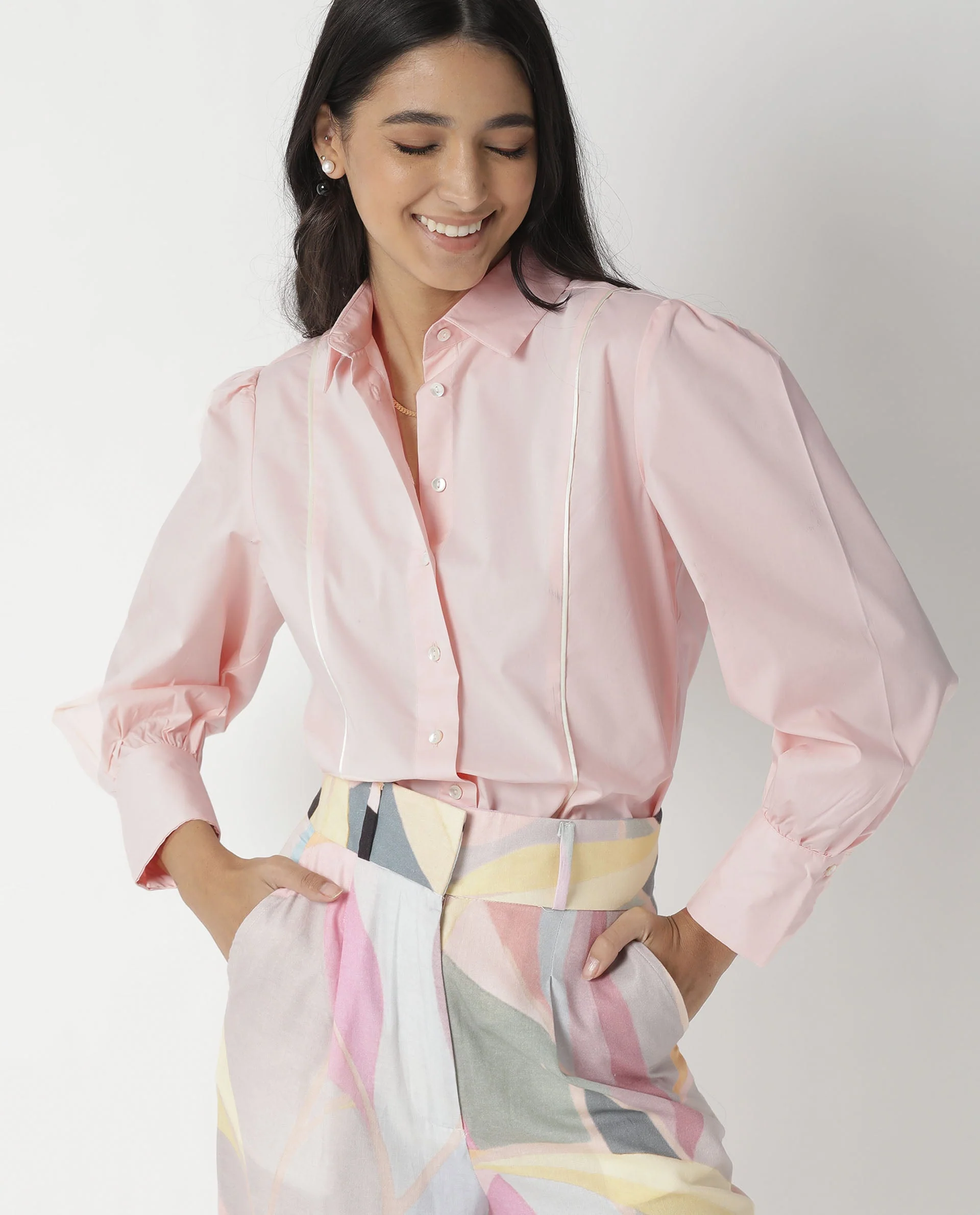 Rareism Womens Bumble Pink Top Cotton Lycra Fabric Regular Fit Cuffed Sleeve Collared Neck - Image 7