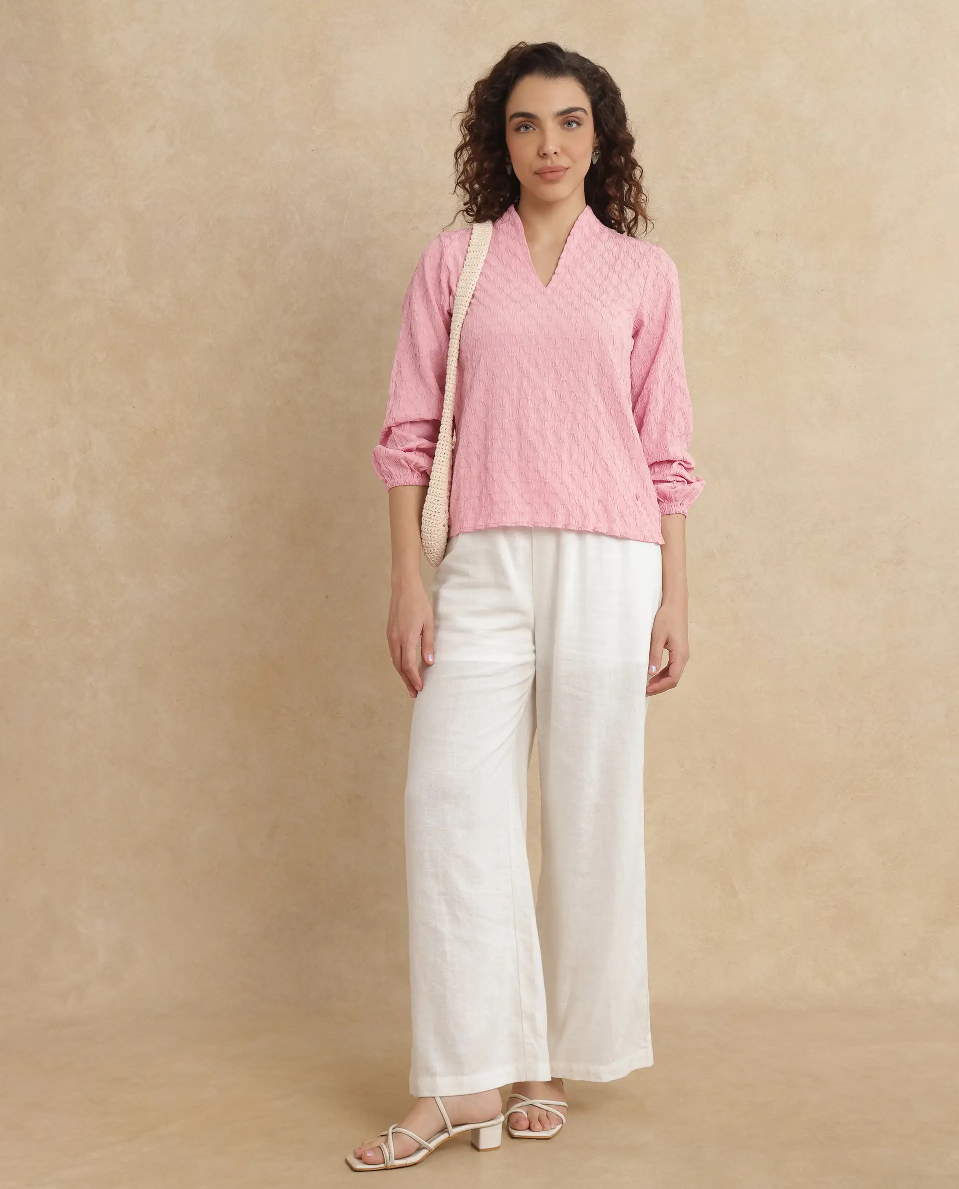 Rareism Women's Bummo Light Pink Polyester V-Neck Plain Balloon Sleeve Regular Fit Top - Image 6