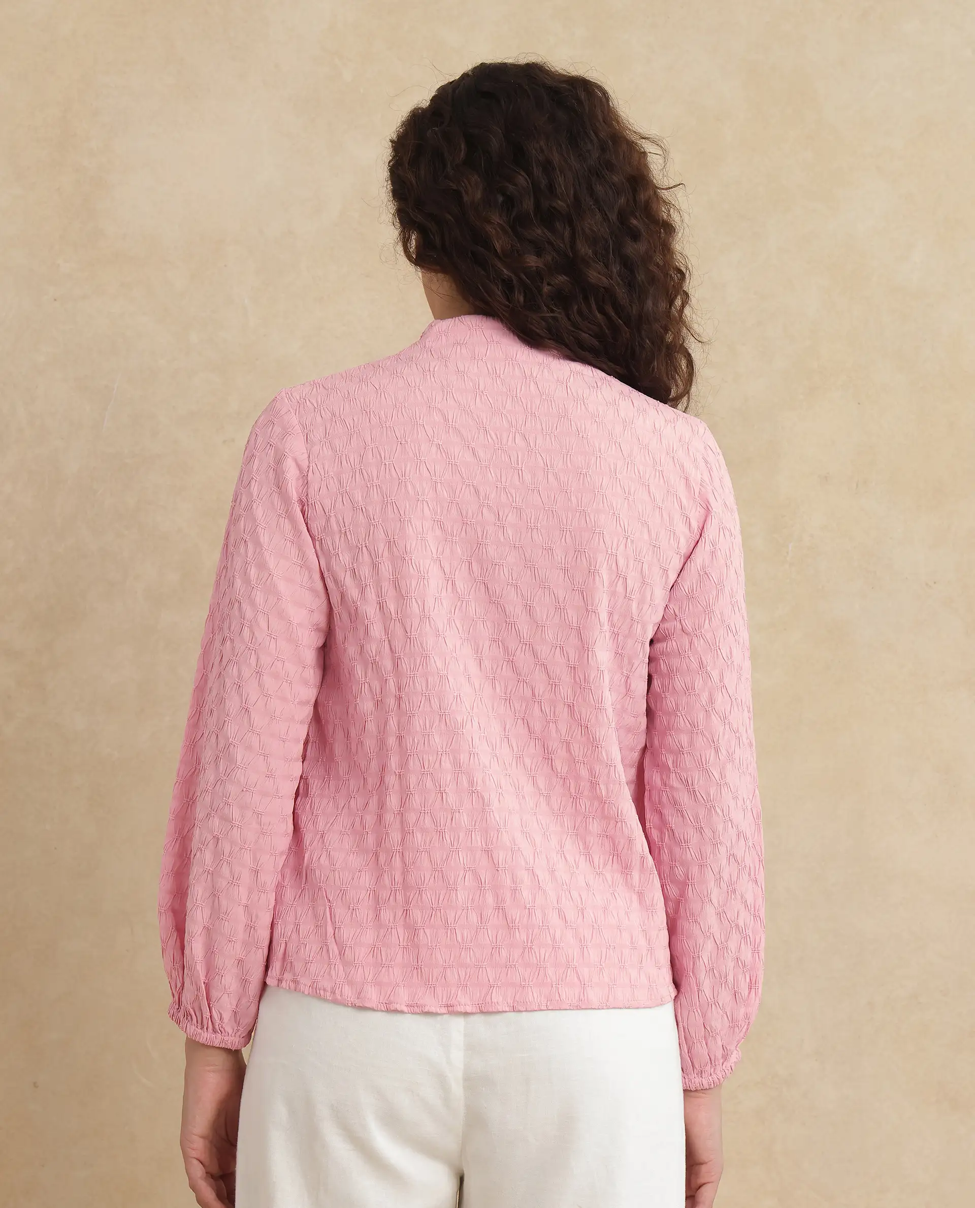 Rareism Women's Bummo Light Pink Polyester V-Neck Plain Balloon Sleeve Regular Fit Top - Image 7
