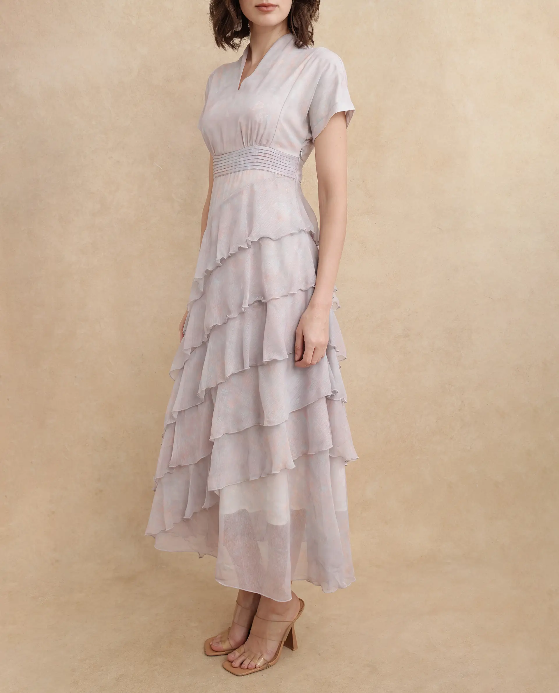 Rareism Women's Bunf Beige Cotton Built-Up Neck Abstract Print Sleeveless Midi Flared Dress - Image 4