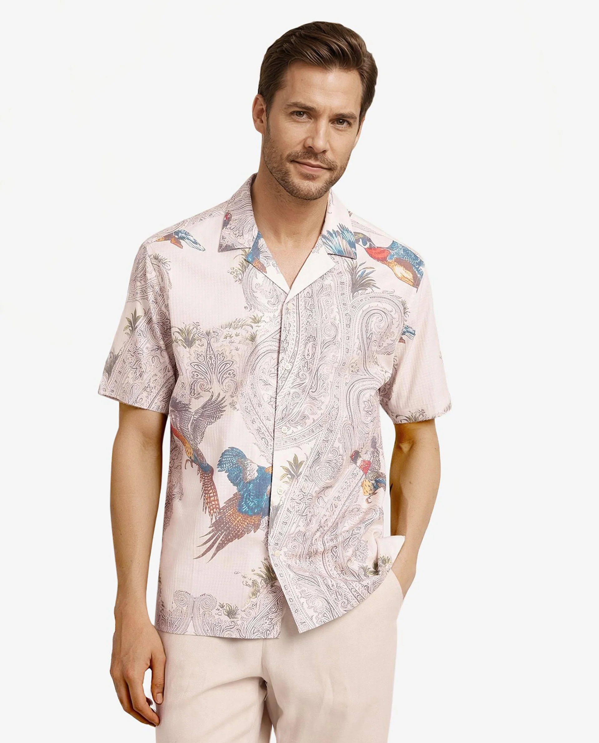 Rare Rabbit Men's Bungeo Light Beige Cotton Paisley Print Boxy Fit Half Sleeve Cuban Collar Shirt - Image 4