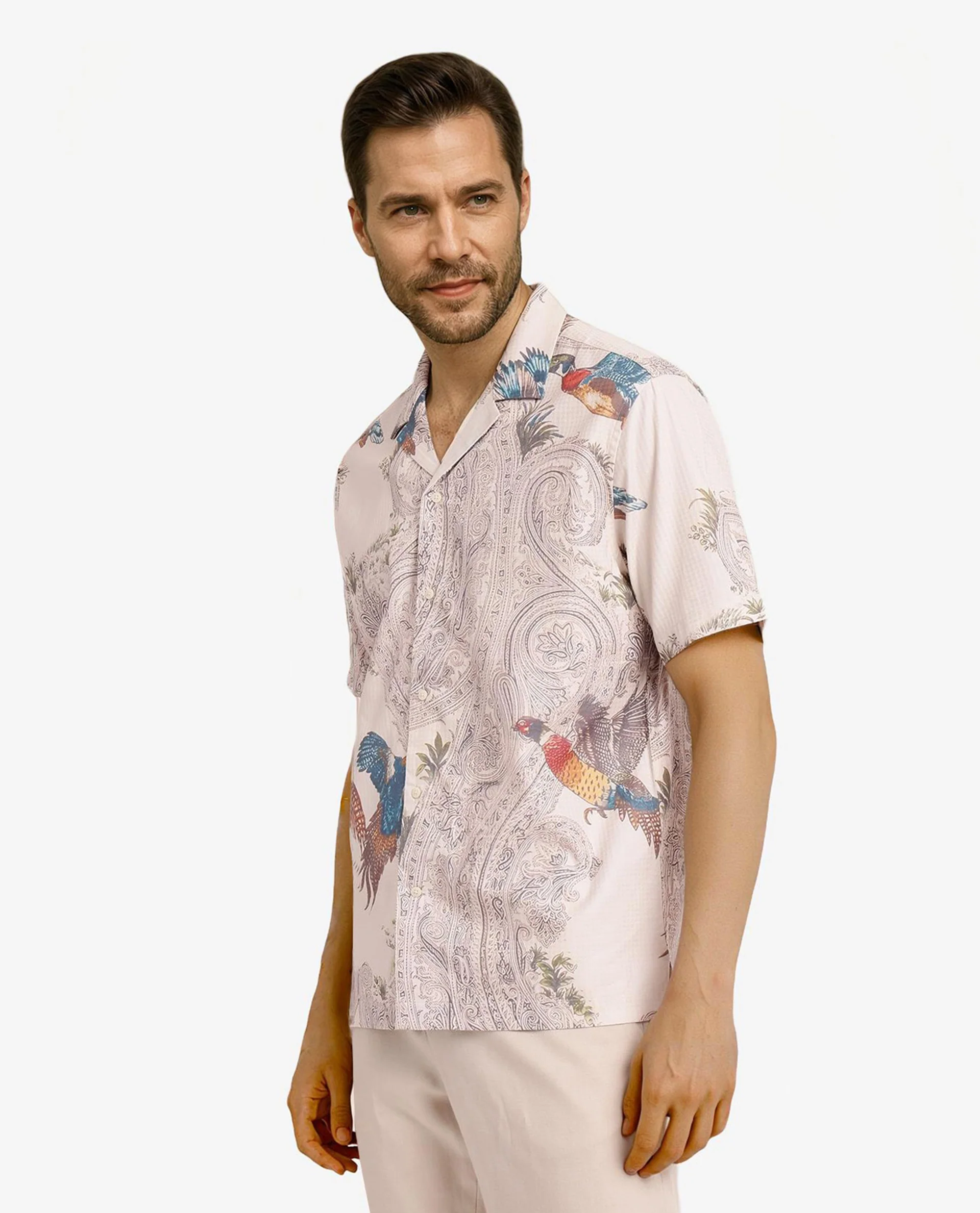 Rare Rabbit Men's Bungeo Light Beige Cotton Paisley Print Boxy Fit Half Sleeve Cuban Collar Shirt - Image 7