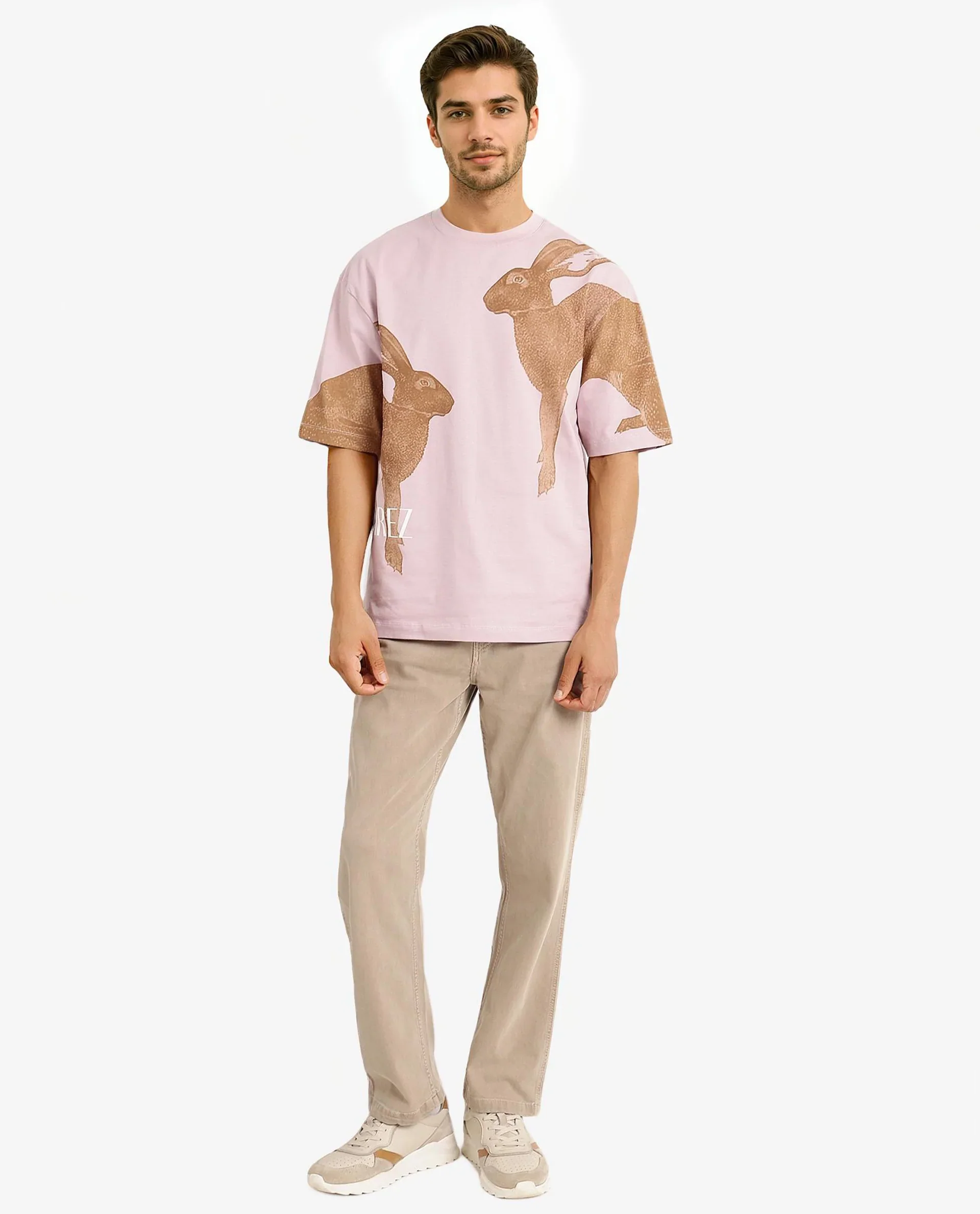 Rare Rabbit Men's Bunn Dusky Pink Cotton Graphic Print Oversized Fit Half Sleeve Crew Neck T-Shirt - Image 2