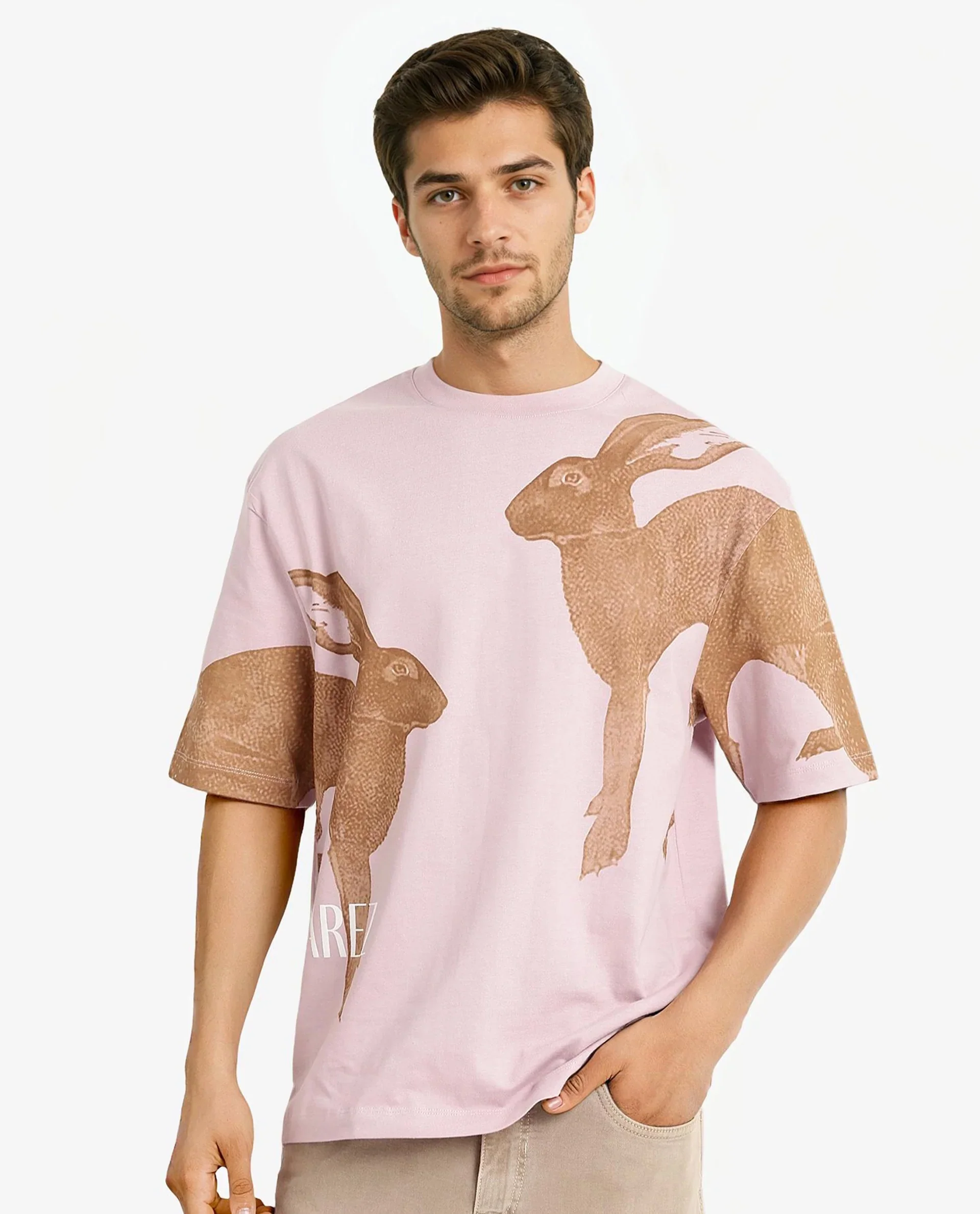 Rare Rabbit Men's Bunn Dusky Pink Cotton Graphic Print Oversized Fit Half Sleeve Crew Neck T-Shirt - Image 5