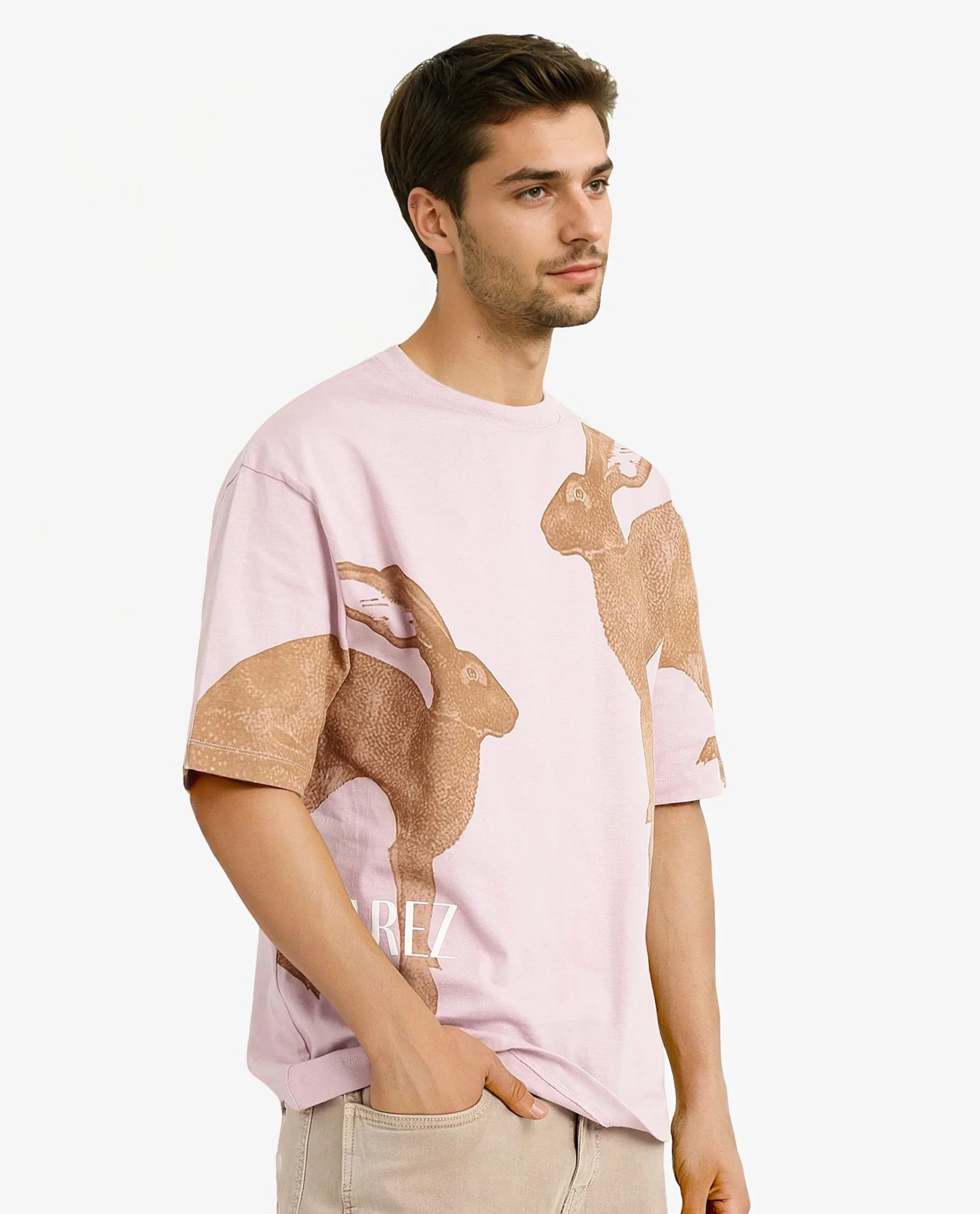 Rare Rabbit Men's Bunn Dusky Pink Cotton Graphic Print Oversized Fit Half Sleeve Crew Neck T-Shirt - Image 6