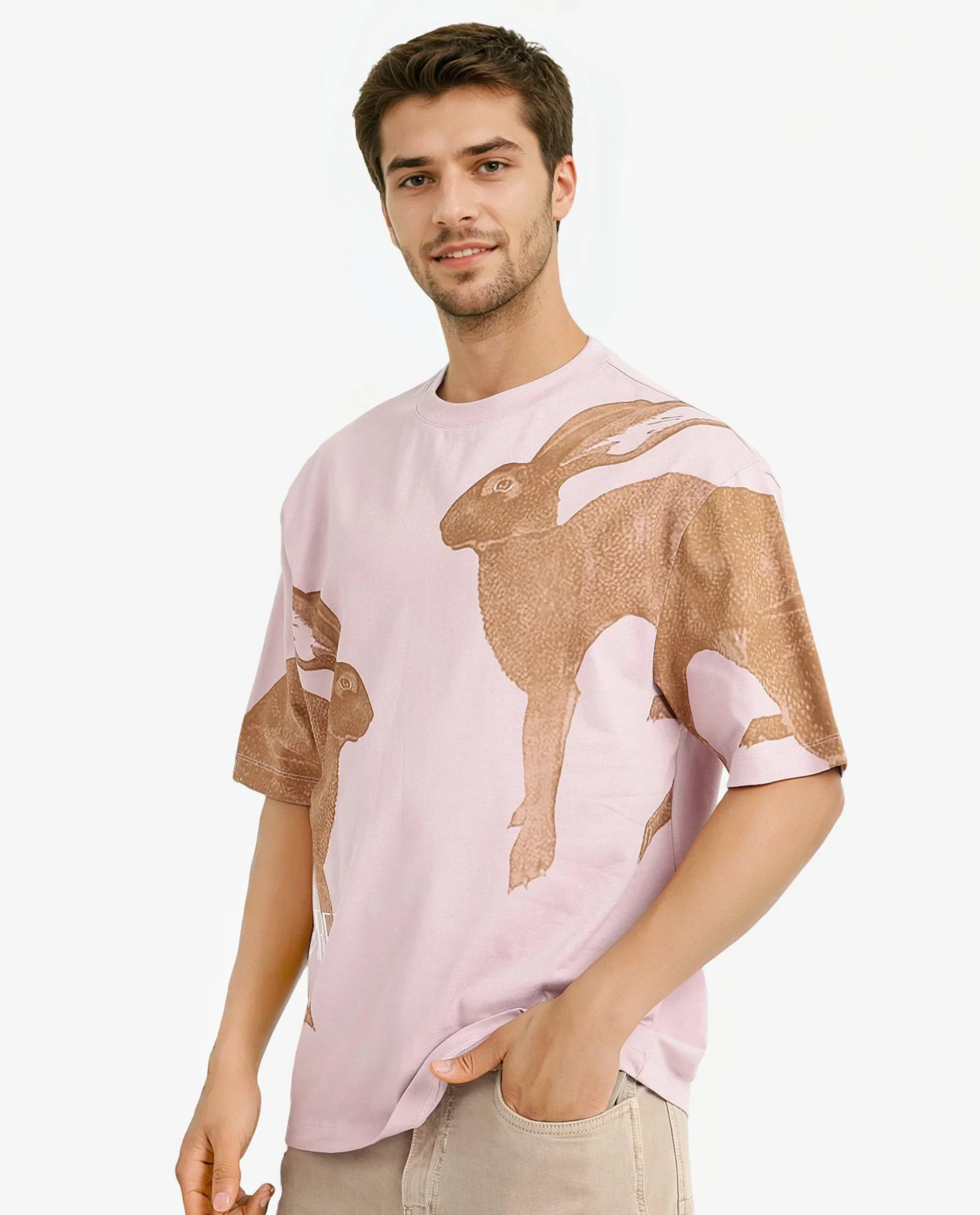 Rare Rabbit Men's Bunn Dusky Pink Cotton Graphic Print Oversized Fit Half Sleeve Crew Neck T-Shirt - Image 7
