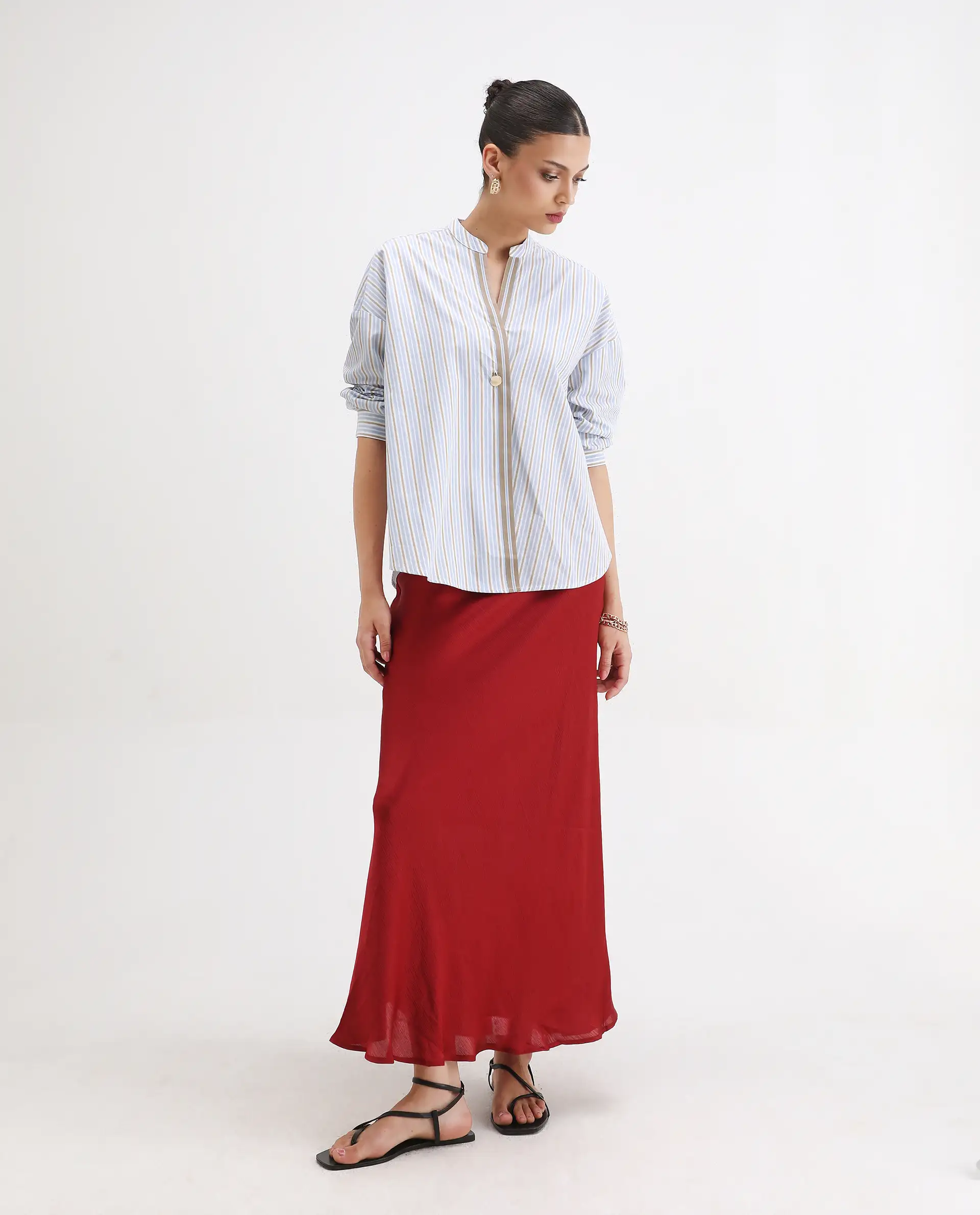 Rareism Women's Buqo Light Blue Cotton Cuffed Sleeve Mandarin Collar Regular Fit Shirt - Image 2