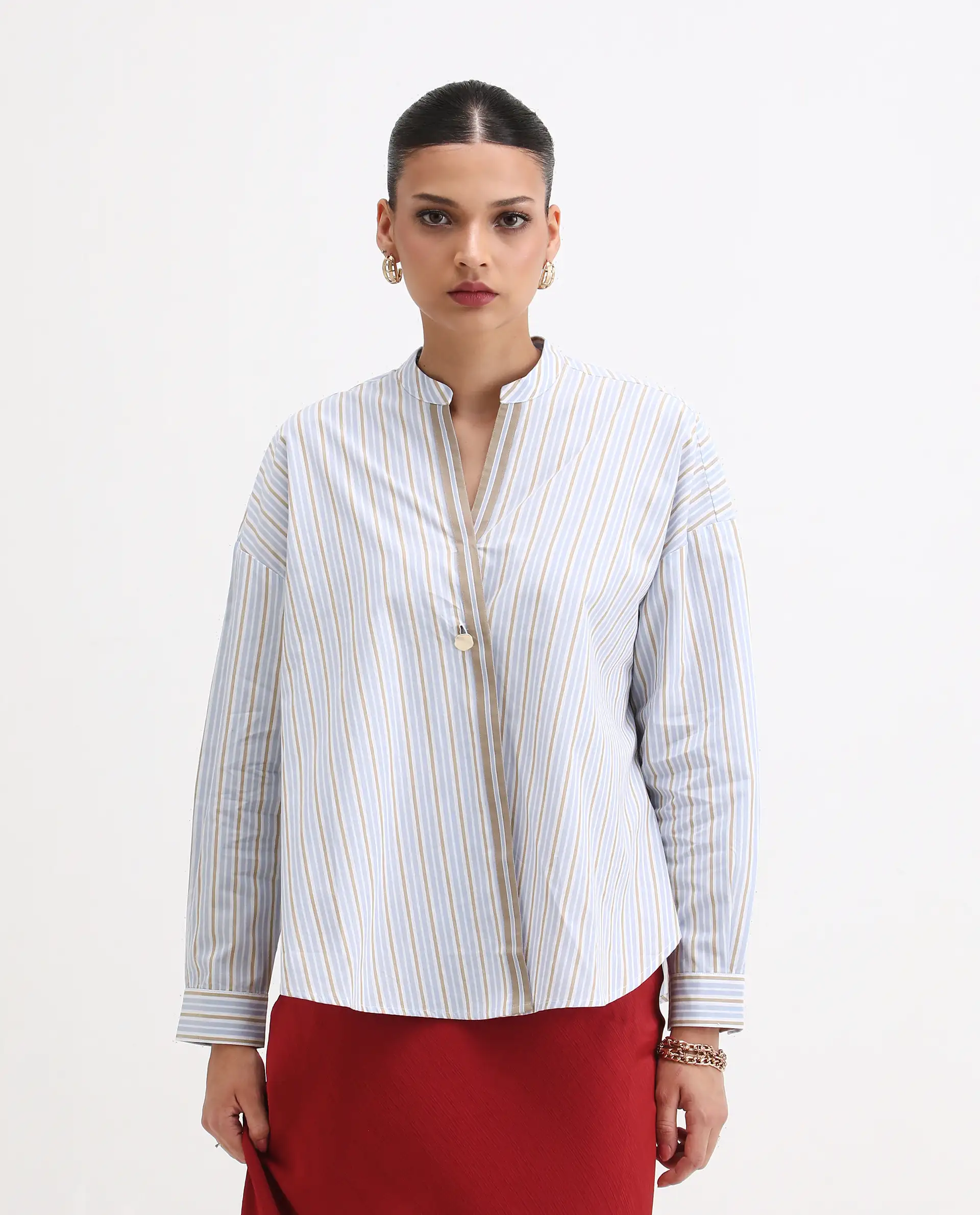 Rareism Women's Buqo Light Blue Cotton Cuffed Sleeve Mandarin Collar Regular Fit Shirt - Image 3