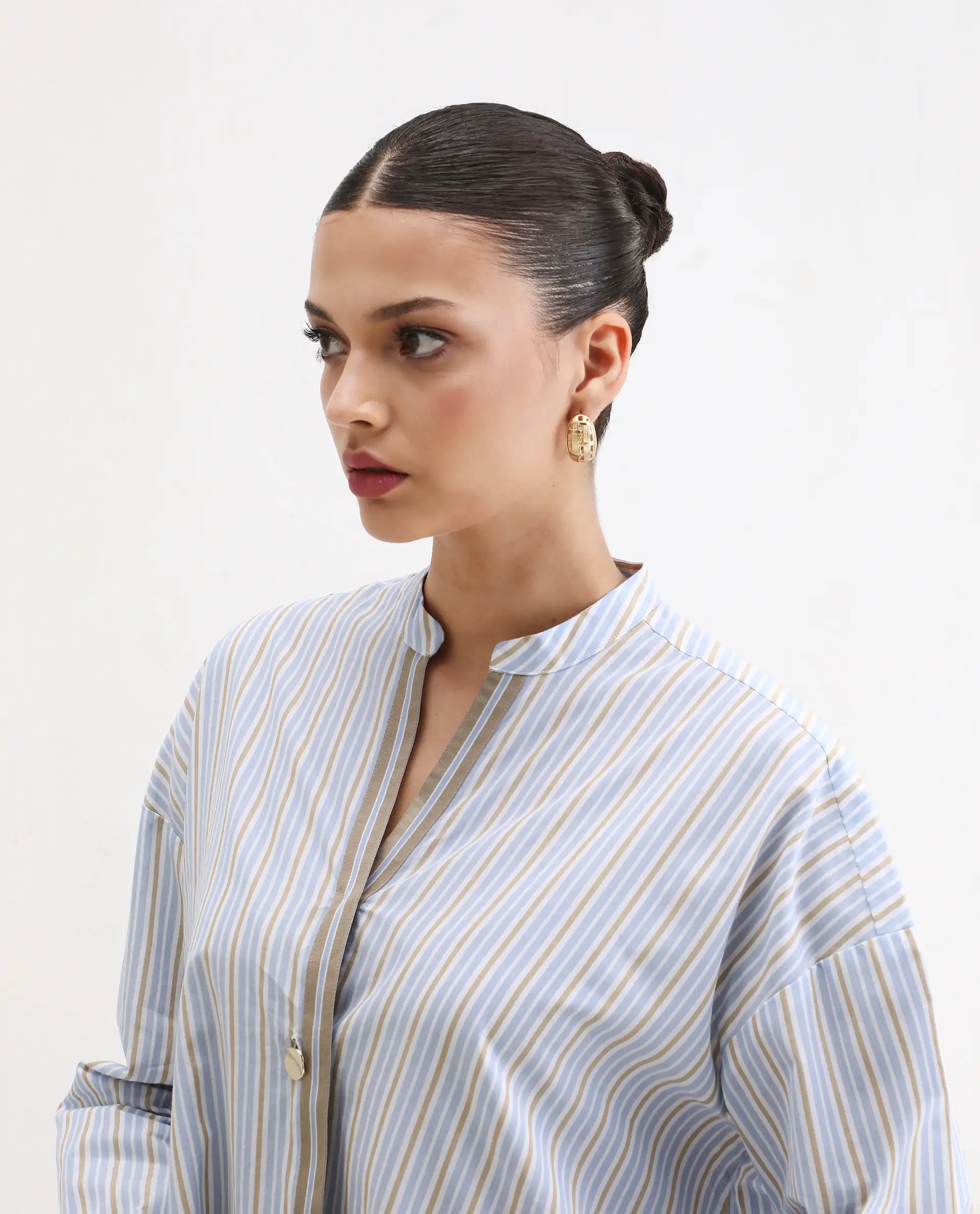 Rareism Women's Buqo Light Blue Cotton Cuffed Sleeve Mandarin Collar Regular Fit Shirt - Image 4