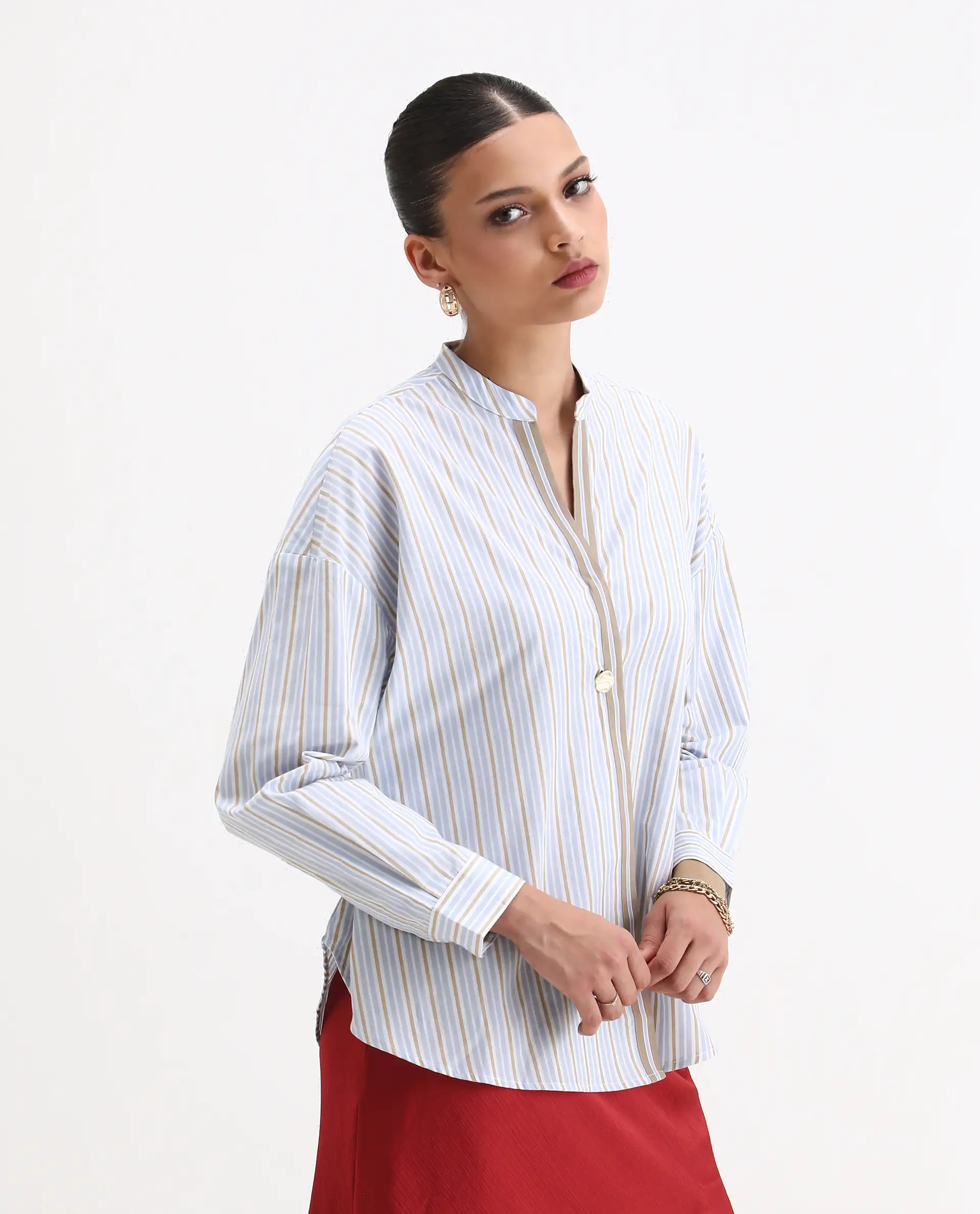 Rareism Women's Buqo Light Blue Cotton Cuffed Sleeve Mandarin Collar Regular Fit Shirt - Image 5