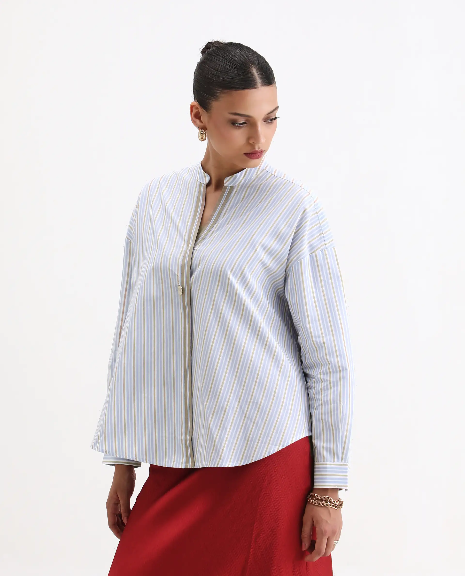 Rareism Women's Buqo Light Blue Cotton Cuffed Sleeve Mandarin Collar Regular Fit Shirt - Image 6