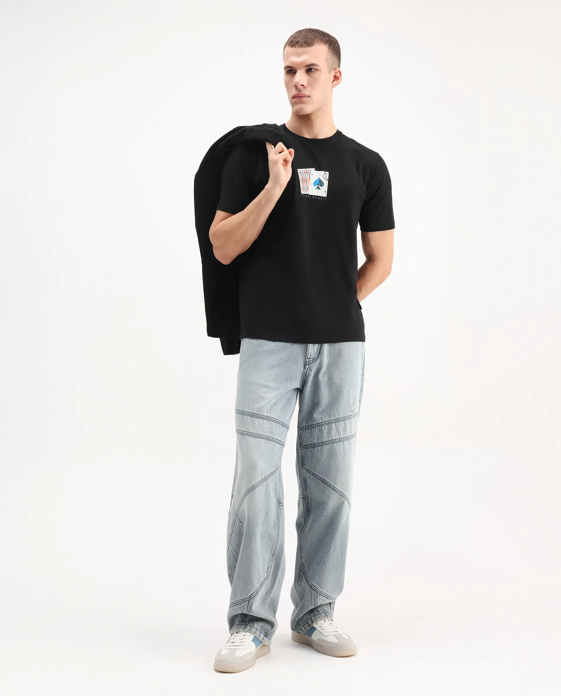 Rare Rabbit Men's Burc Black Cotton Blend Graphic Print Regular Fit Half Sleeve Crew Neck T-Shirt - Image 2