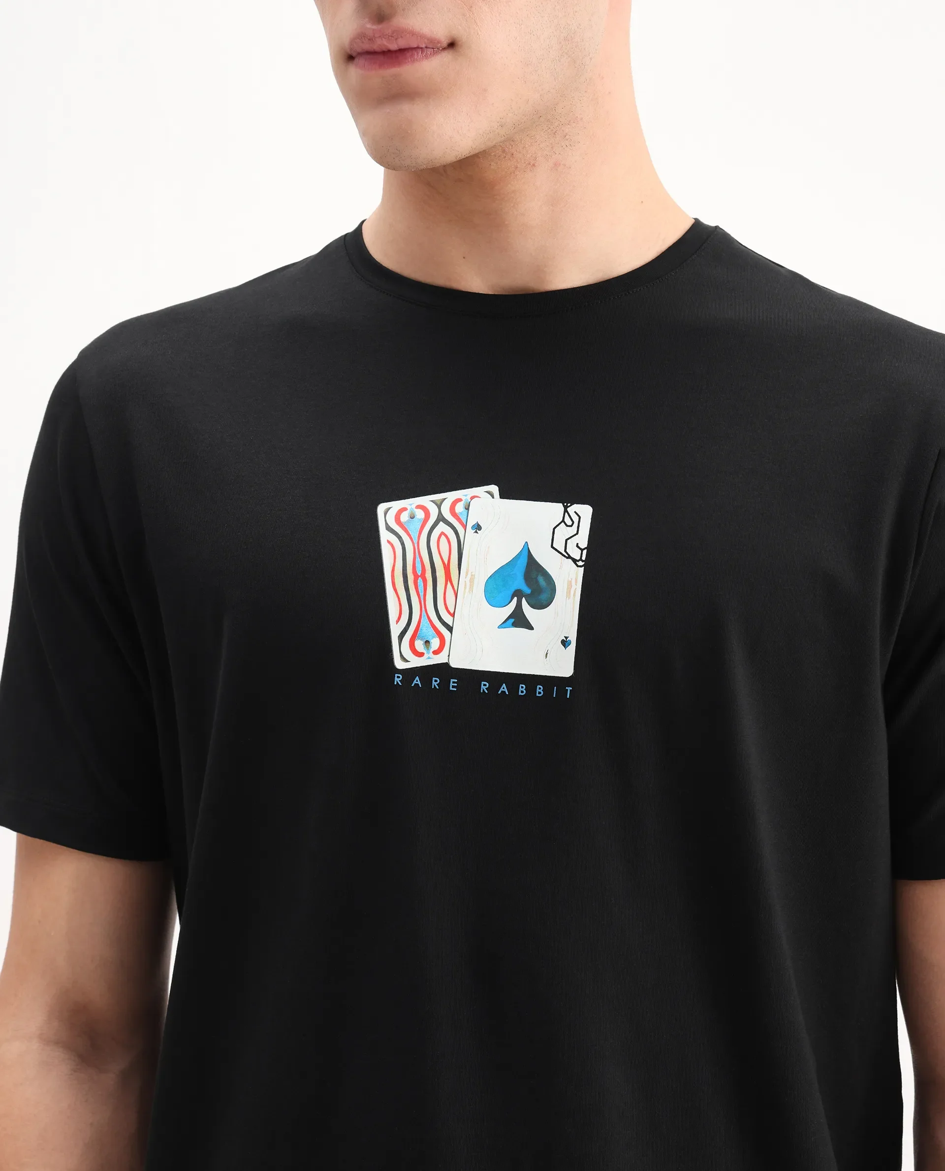 Rare Rabbit Men's Burc Black Cotton Blend Graphic Print Regular Fit Half Sleeve Crew Neck T-Shirt - Image 3