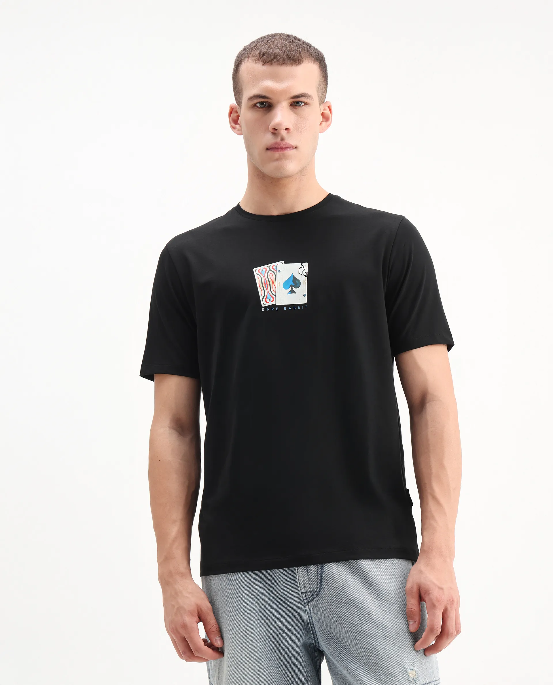 Rare Rabbit Men's Burc Black Cotton Blend Graphic Print Regular Fit Half Sleeve Crew Neck T-Shirt - Image 4
