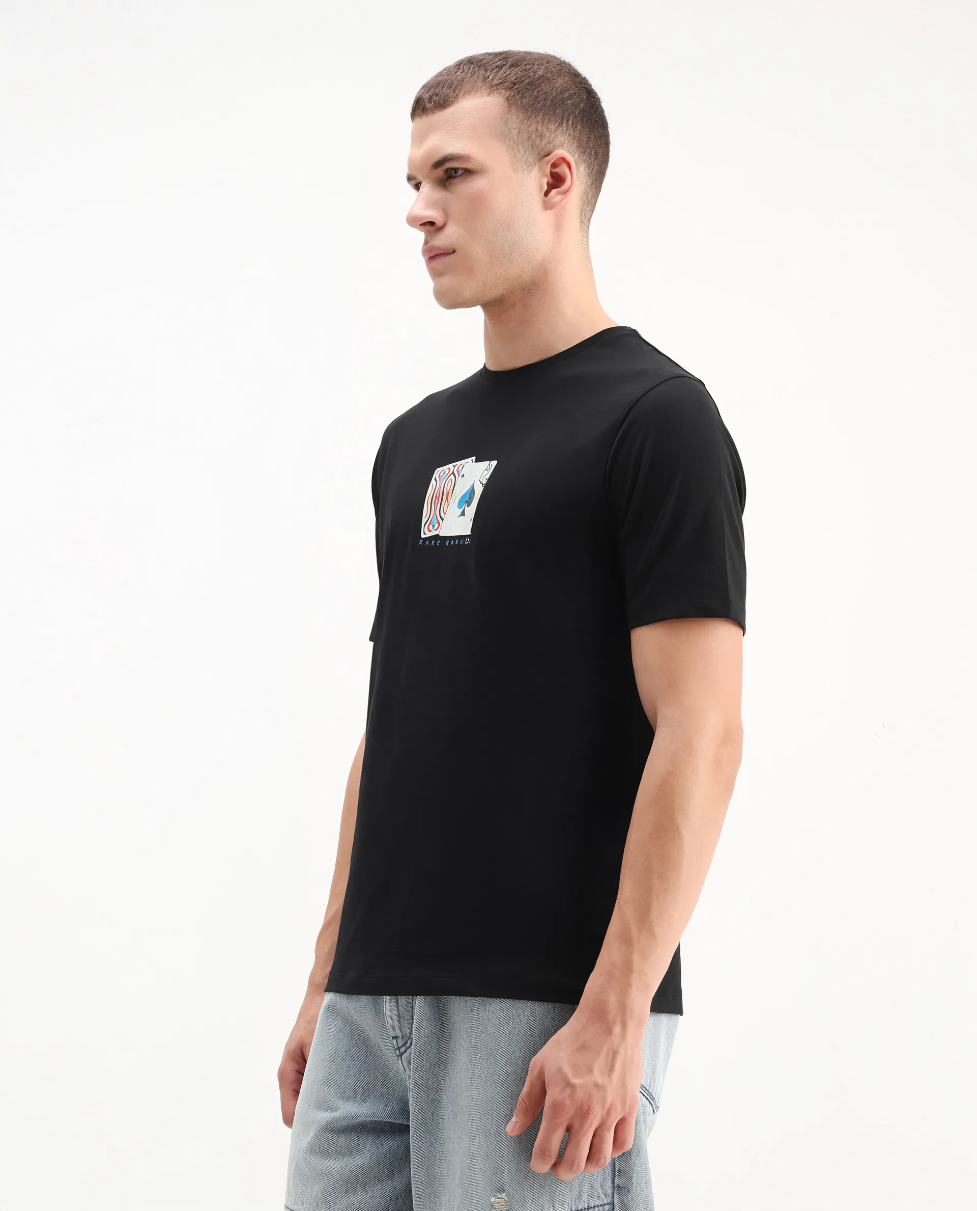 Rare Rabbit Men's Burc Black Cotton Blend Graphic Print Regular Fit Half Sleeve Crew Neck T-Shirt - Image 5