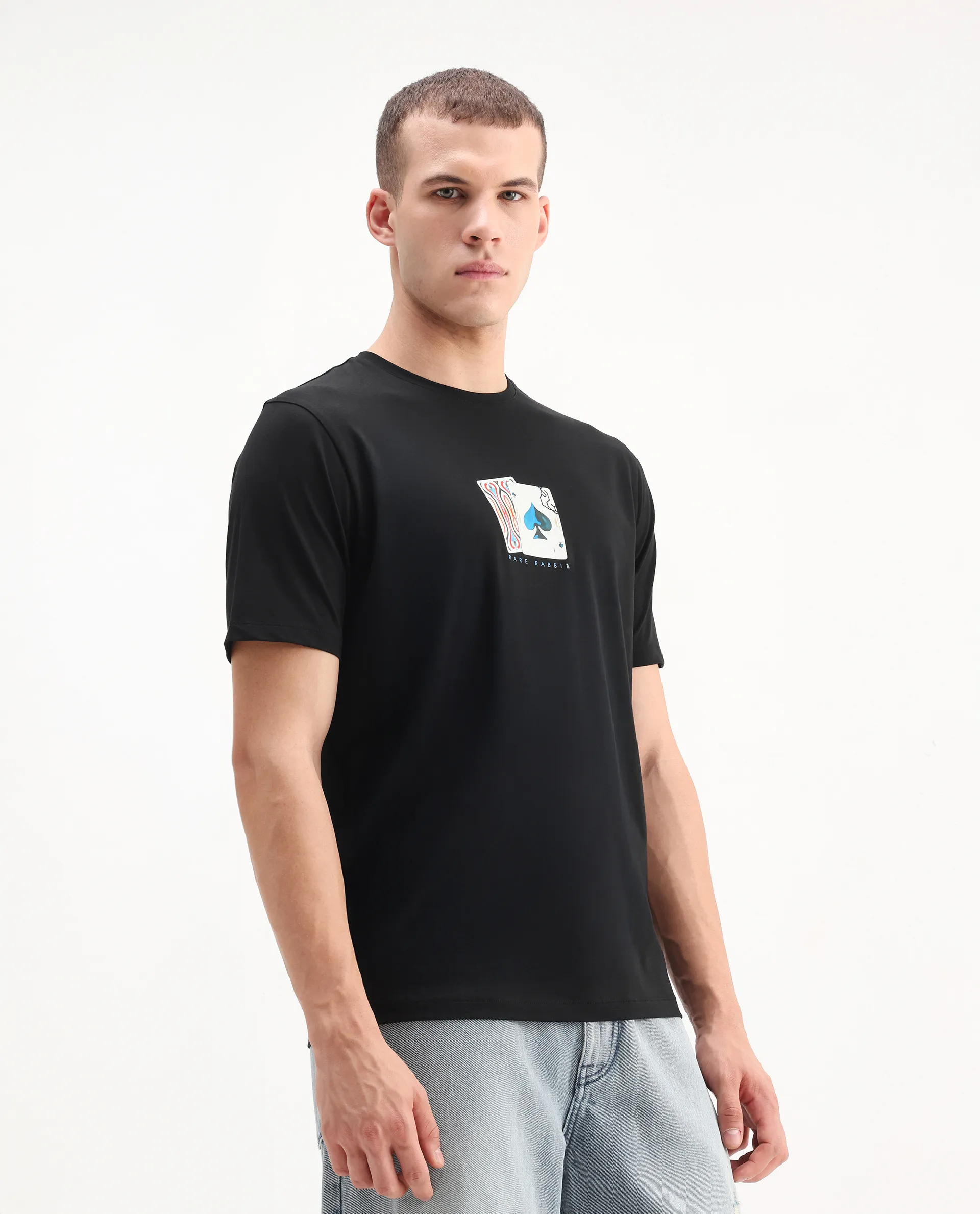 Rare Rabbit Men's Burc Black Cotton Blend Graphic Print Regular Fit Half Sleeve Crew Neck T-Shirt - Image 6