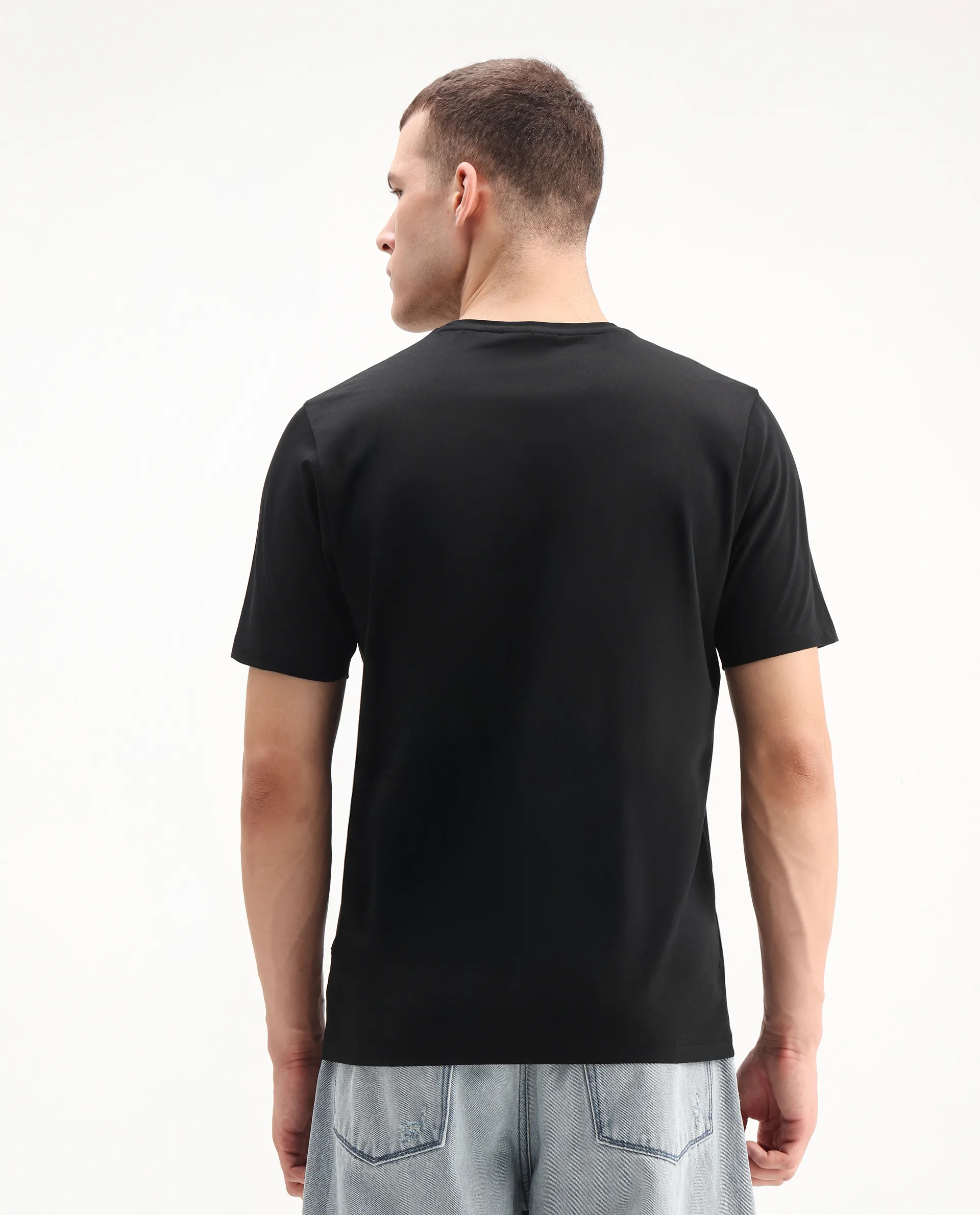 Rare Rabbit Men's Burc Black Cotton Blend Graphic Print Regular Fit Half Sleeve Crew Neck T-Shirt - Image 7