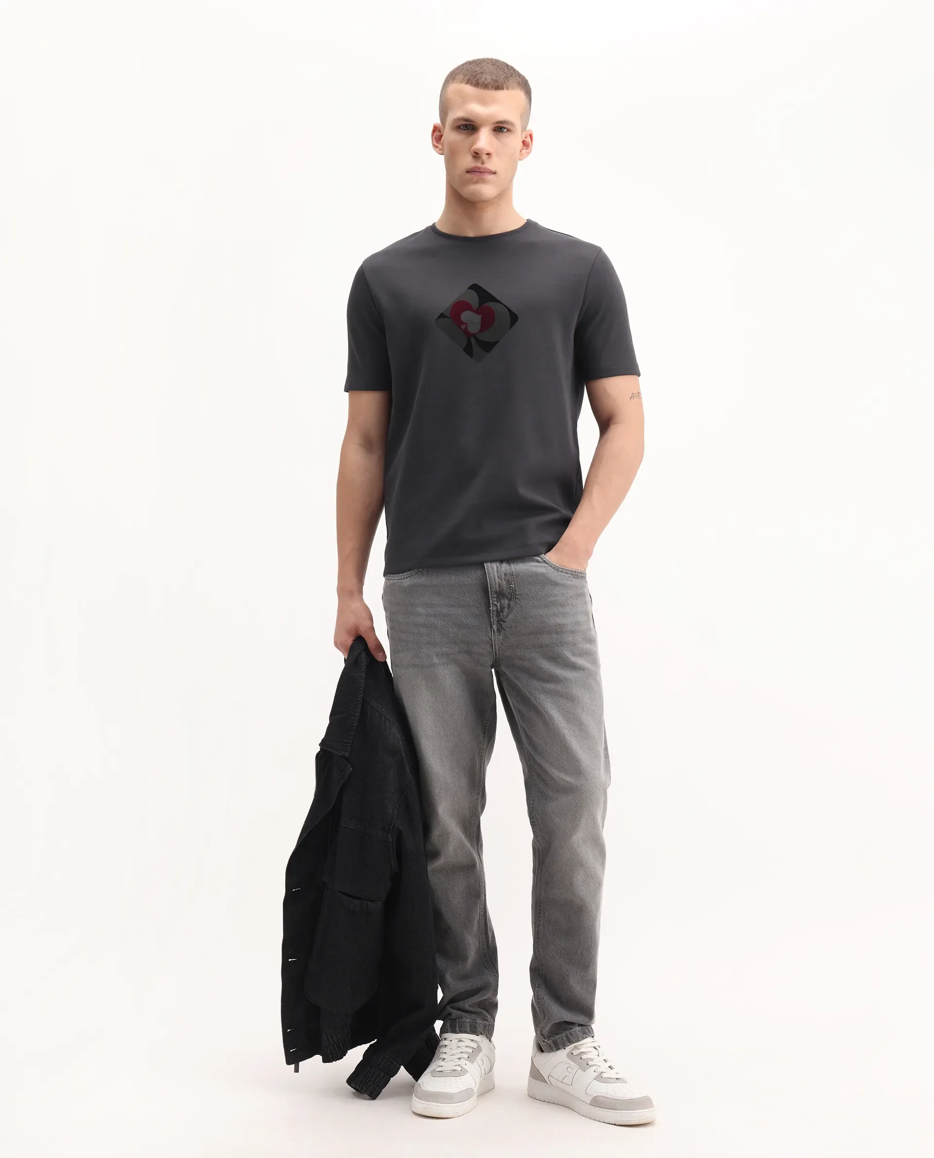 Rare Rabbit Men's Burg Dark Grey Cotton Blend Graphic Print Regular Fit Half Sleeve Crew Neck T-Shirt - Image 2
