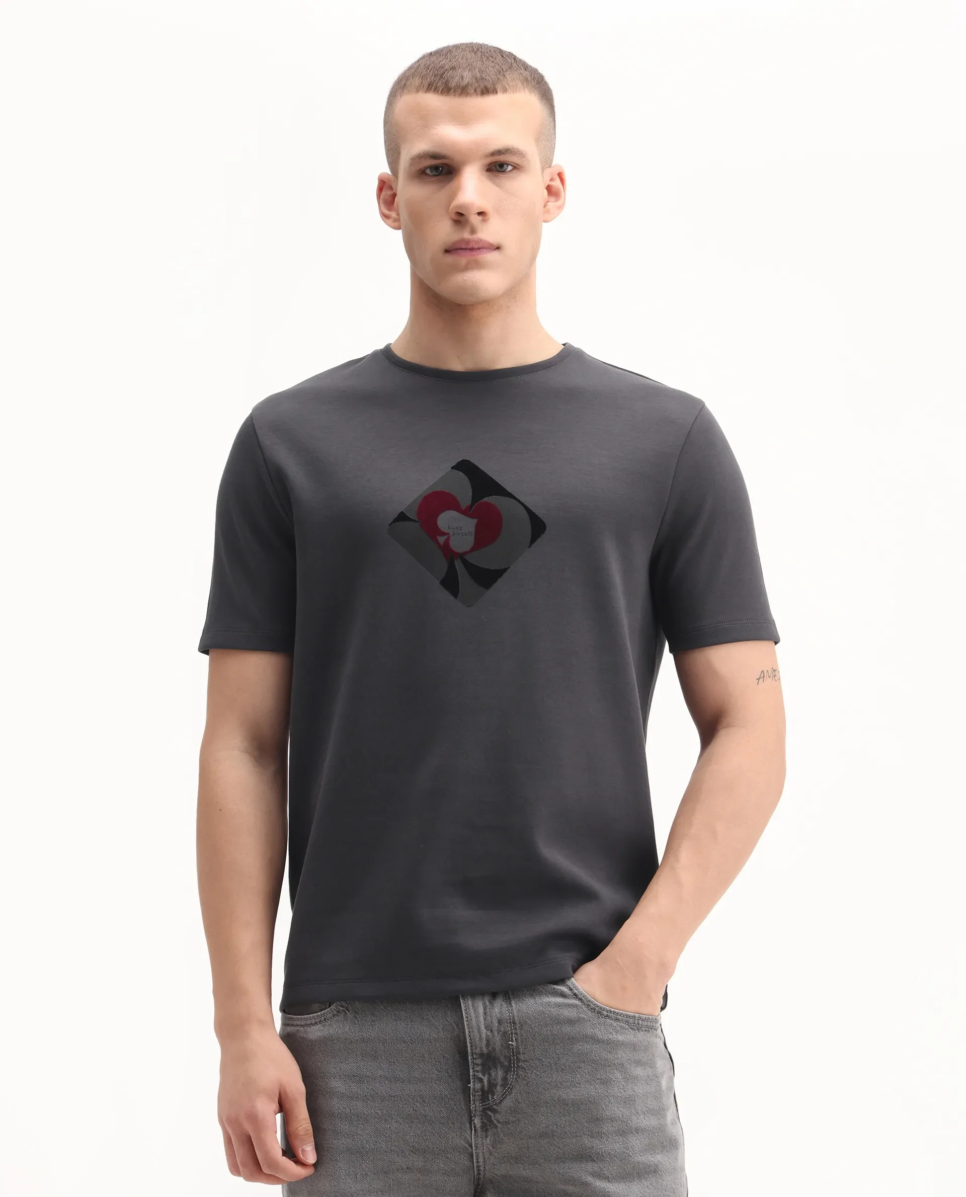 Rare Rabbit Men's Burg Dark Grey Cotton Blend Graphic Print Regular Fit Half Sleeve Crew Neck T-Shirt - Image 4