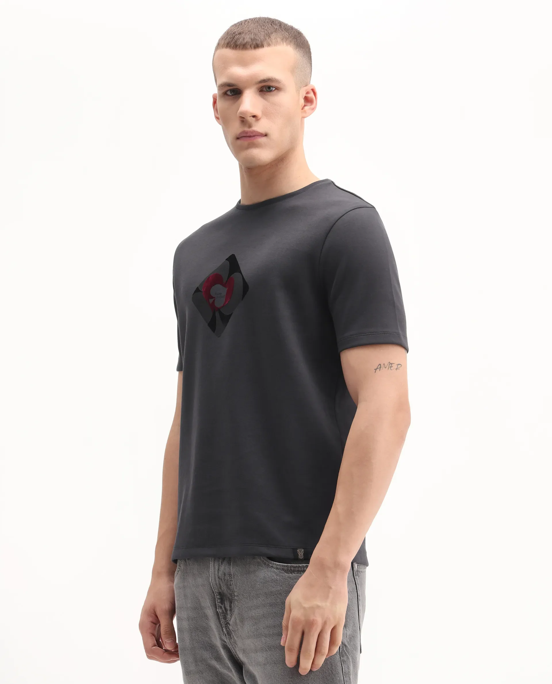 Rare Rabbit Men's Burg Dark Grey Cotton Blend Graphic Print Regular Fit Half Sleeve Crew Neck T-Shirt - Image 5