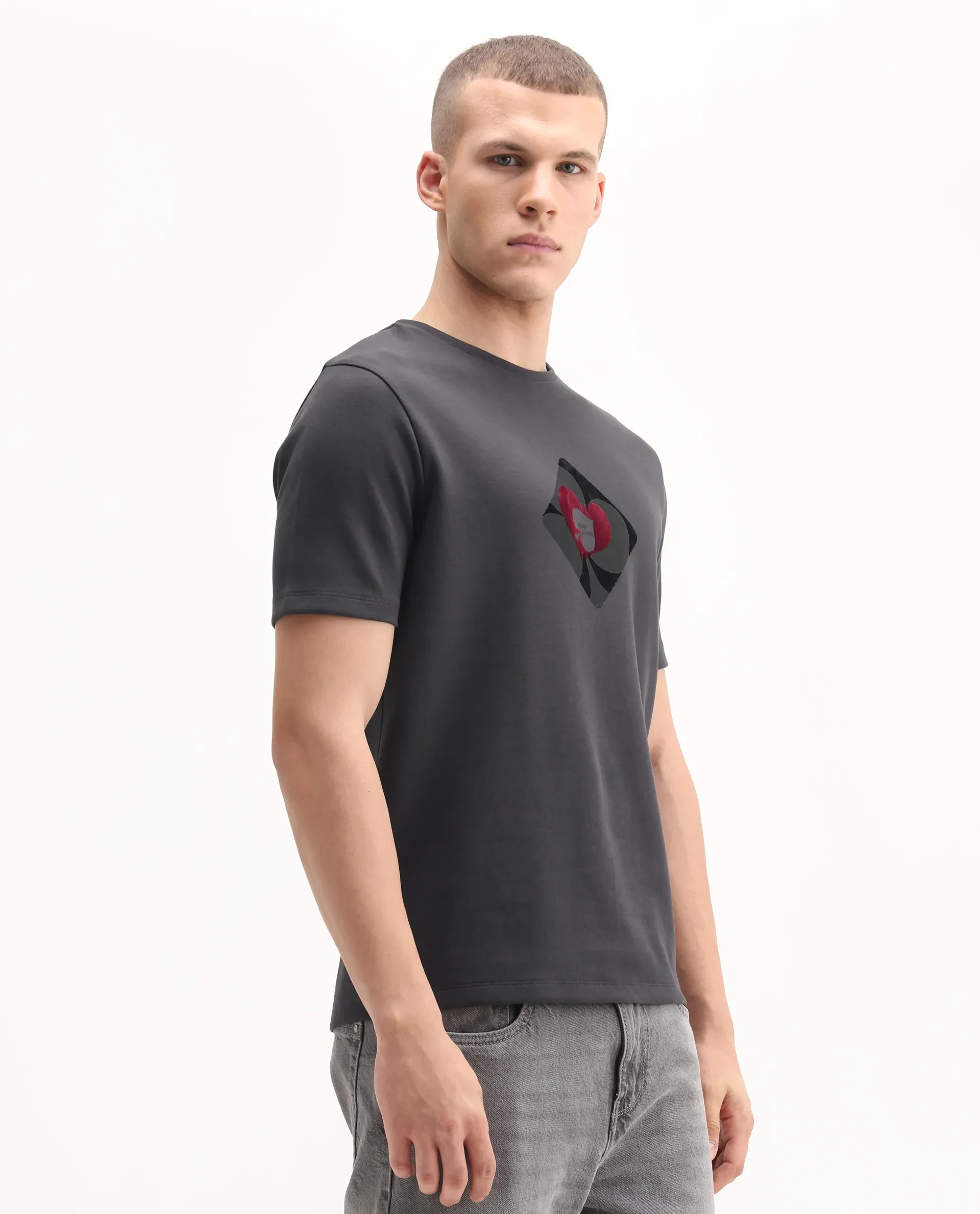 Rare Rabbit Men's Burg Dark Grey Cotton Blend Graphic Print Regular Fit Half Sleeve Crew Neck T-Shirt - Image 6
