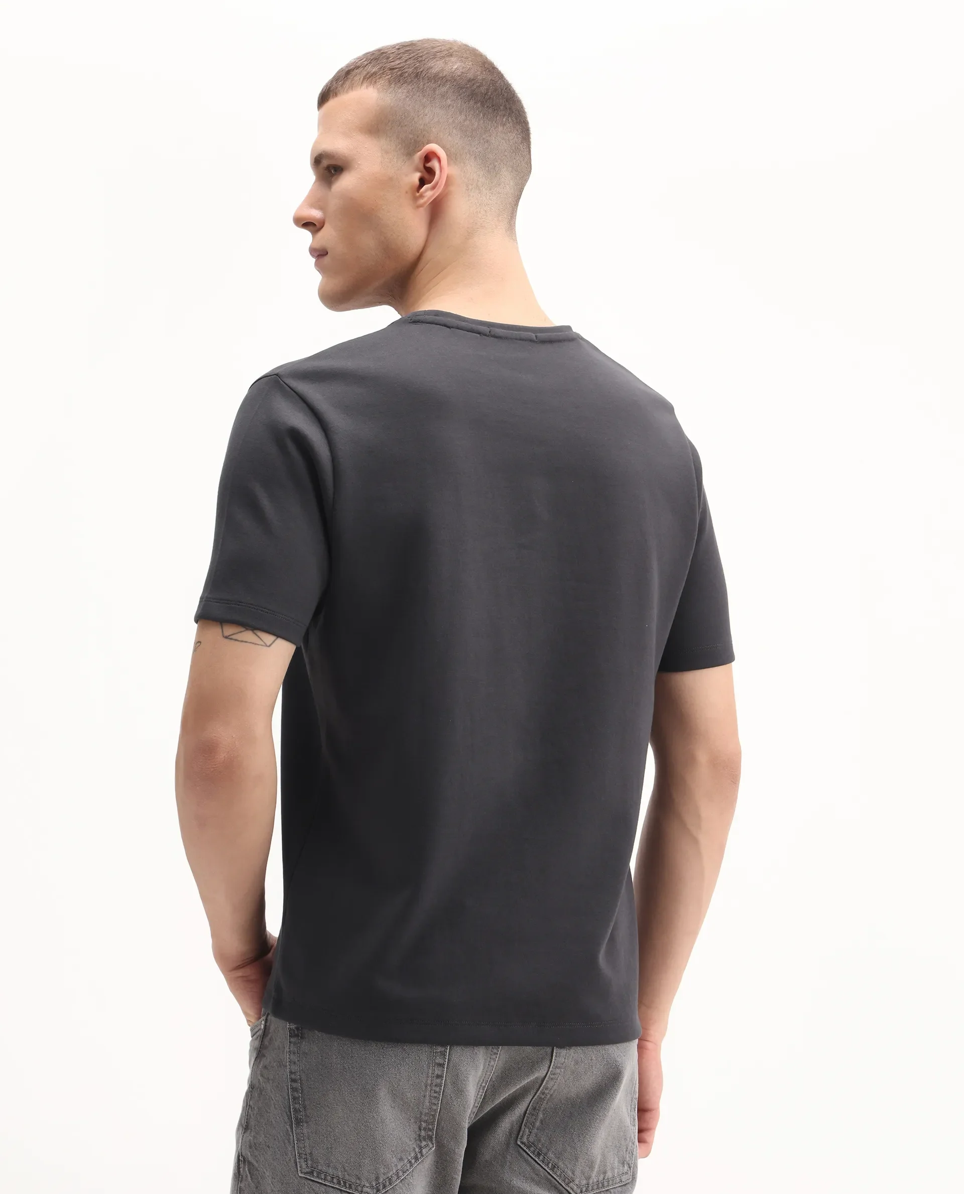 Rare Rabbit Men's Burg Dark Grey Cotton Blend Graphic Print Regular Fit Half Sleeve Crew Neck T-Shirt - Image 7