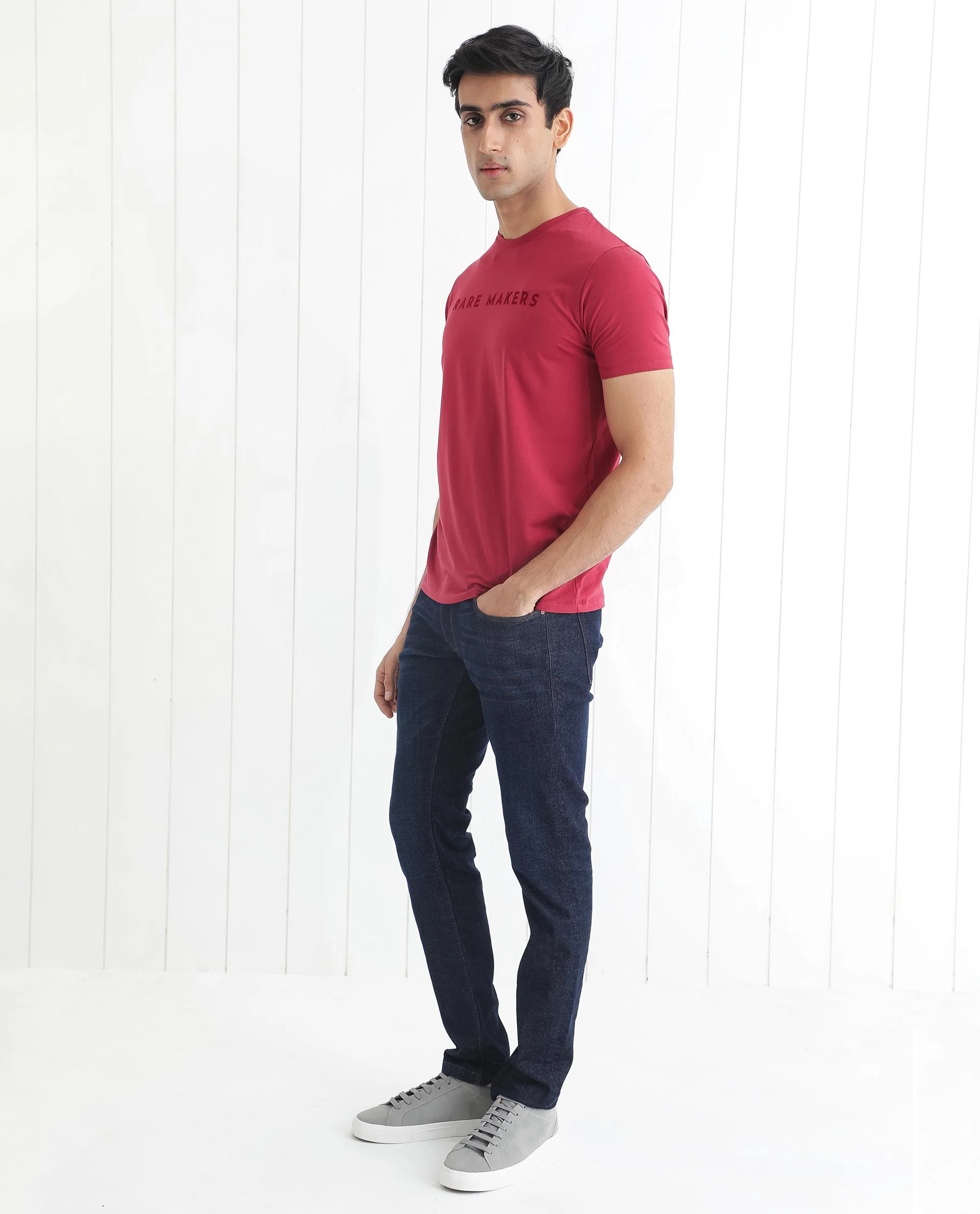 Rare Rabbit Men's Burke Dark Red Cotton Graphic Print Slim Fit Half Sleeve Crew Neck T-Shirt - Image 2