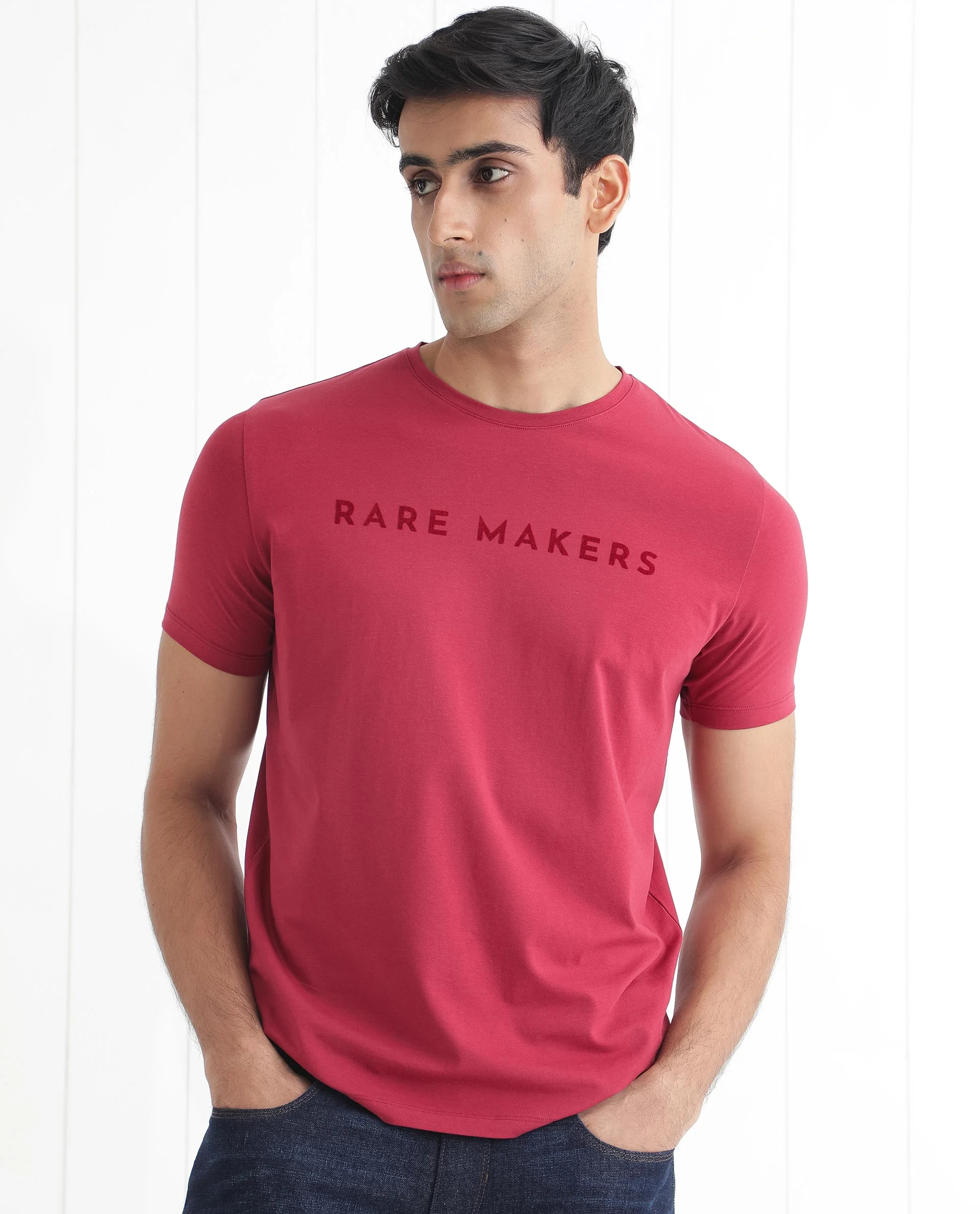 Rare Rabbit Men's Burke Dark Red Cotton Graphic Print Slim Fit Half Sleeve Crew Neck T-Shirt - Image 3