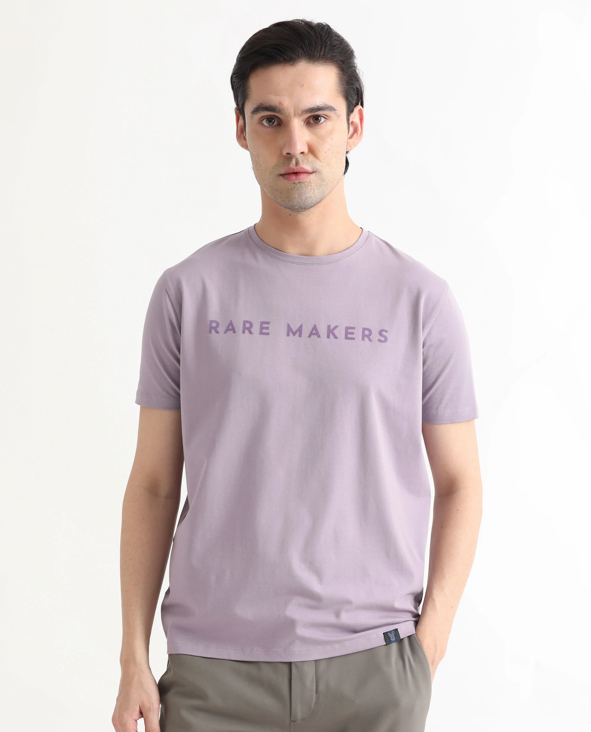 Rare Rabbit Men's Burke Pastel Purple Cotton Graphic Print Slim Fit Half Sleeve Crew Neck T-Shirt