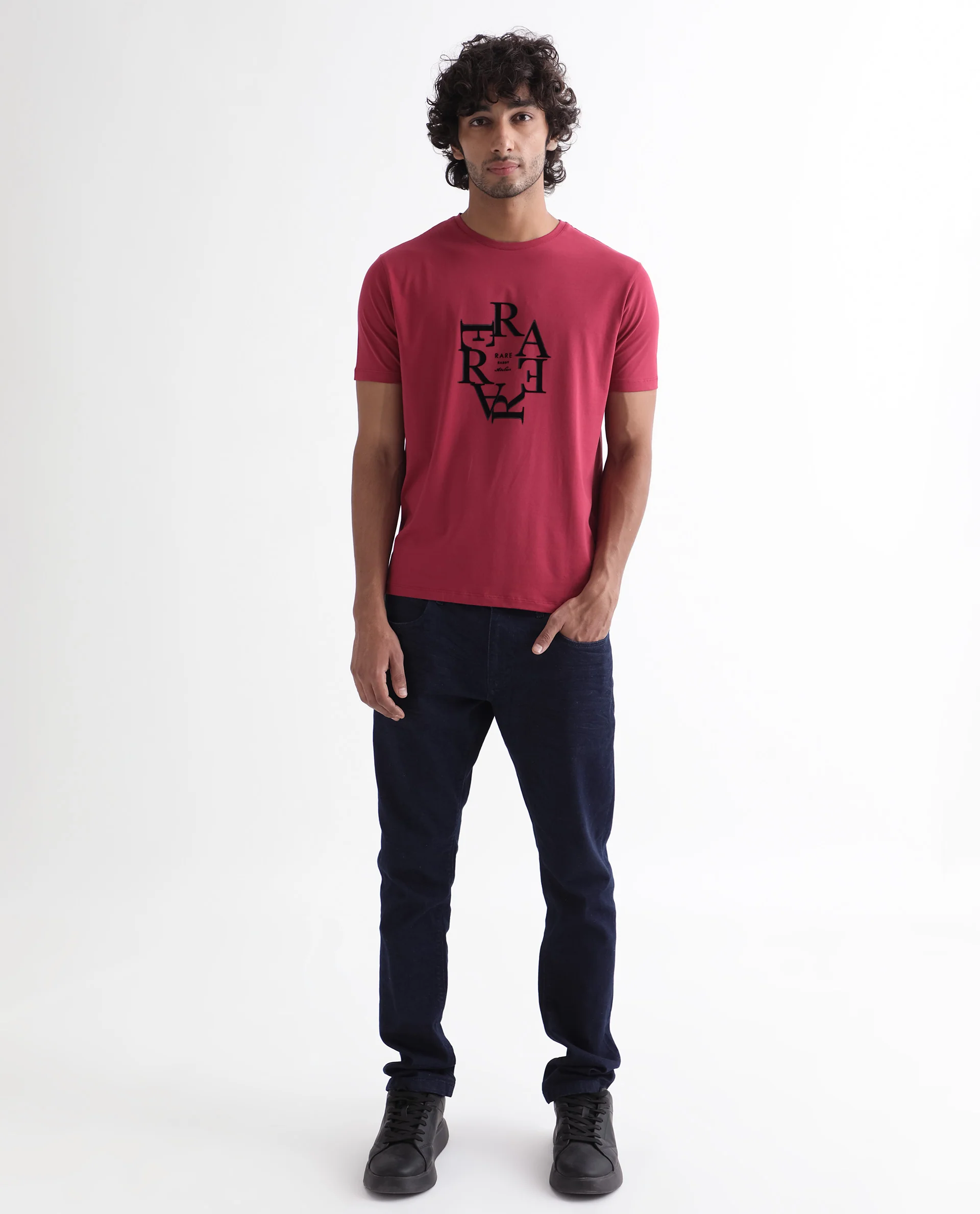 Rare Rabbit Men's Burma Red Cotton Graphic Print Regular Fit Half Sleeve Crew Neck T-Shirt - Image 2