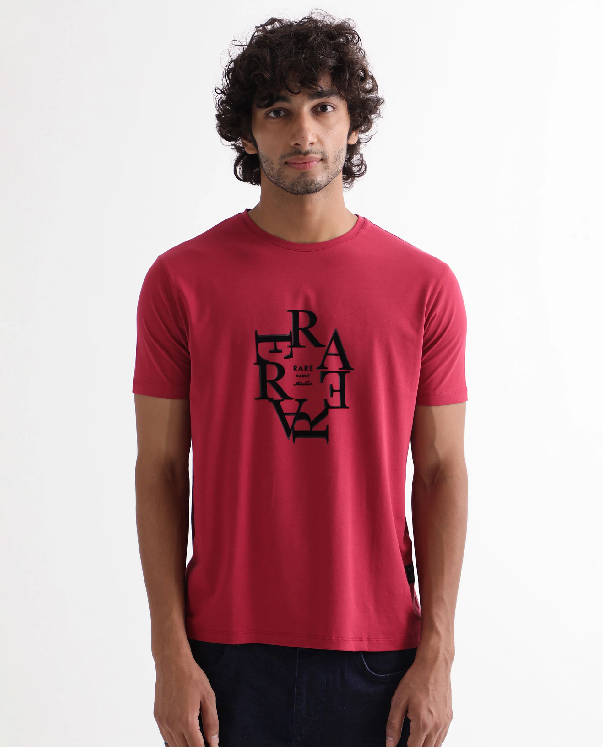 Rare Rabbit Men's Burma Red Cotton Graphic Print Regular Fit Half Sleeve Crew Neck T-Shirt - Image 4