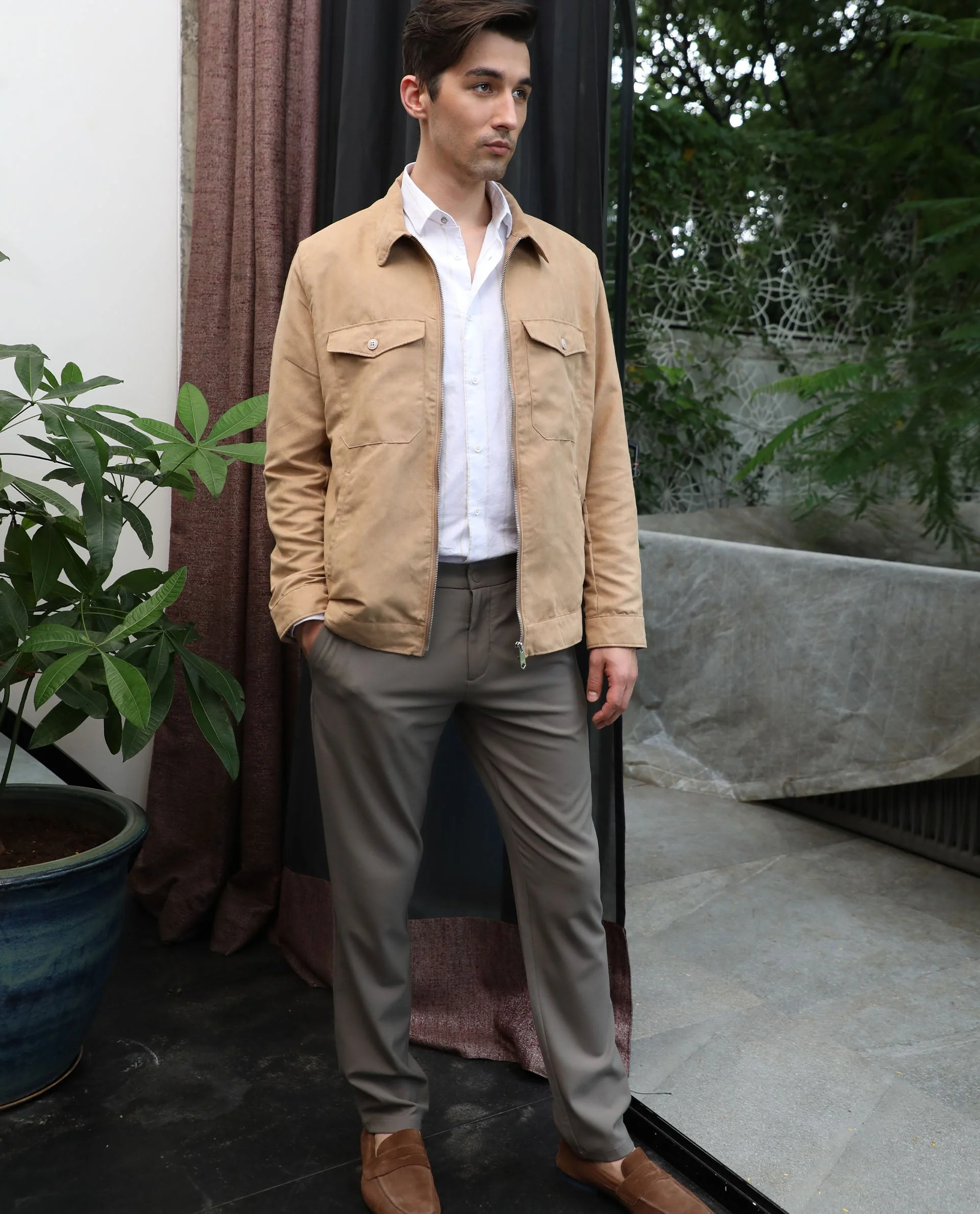 Rare Rabbit Men's Burning Khaki Cotton Plain Regular Fit Full Sleeve Spread Collar Jacket - Image 2