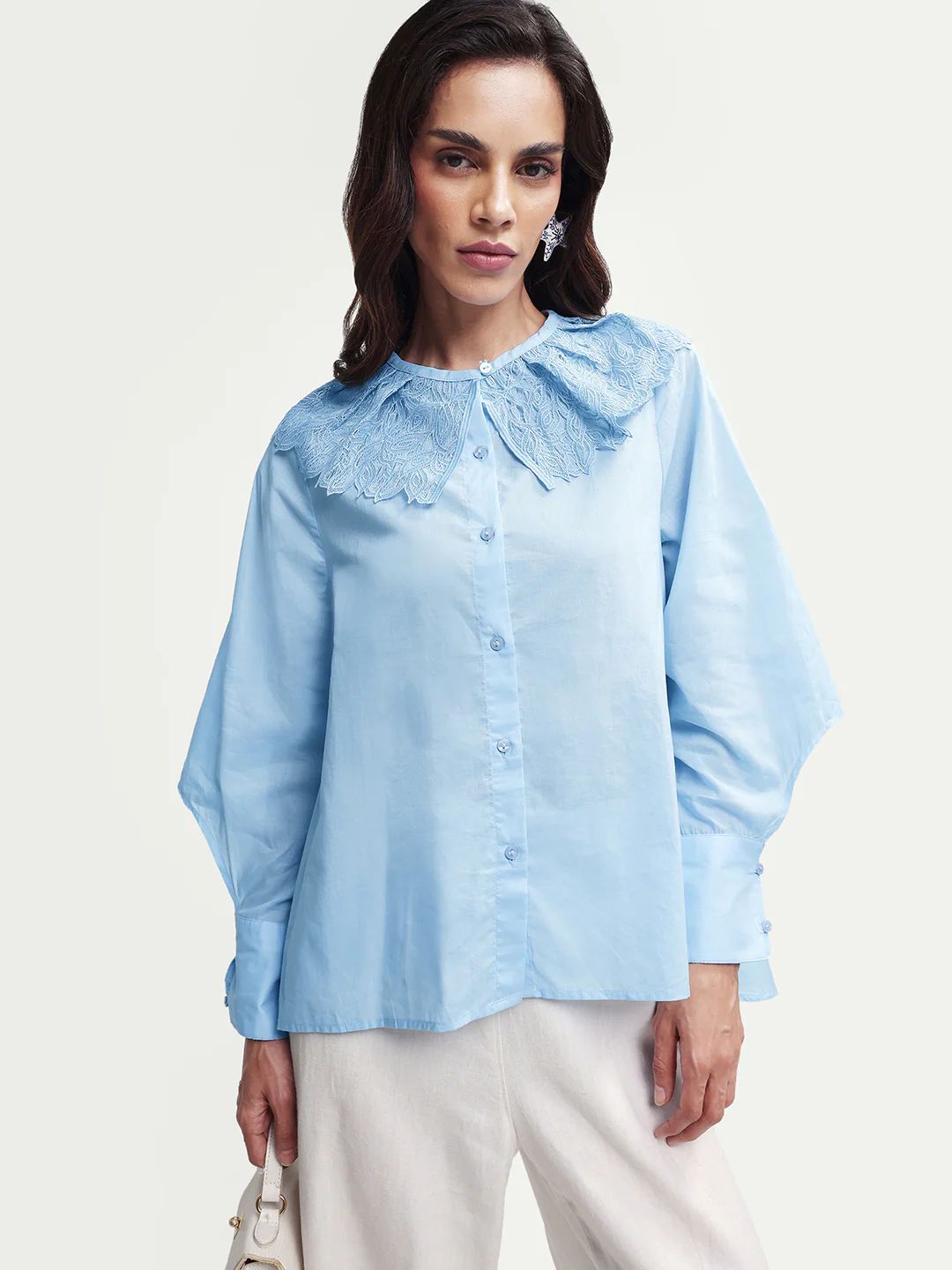 Rareism Women's Burrido Light Blue Cotton Drop Collar Plain Cuffed Sleeve Regular Fit Shirt - Image 2