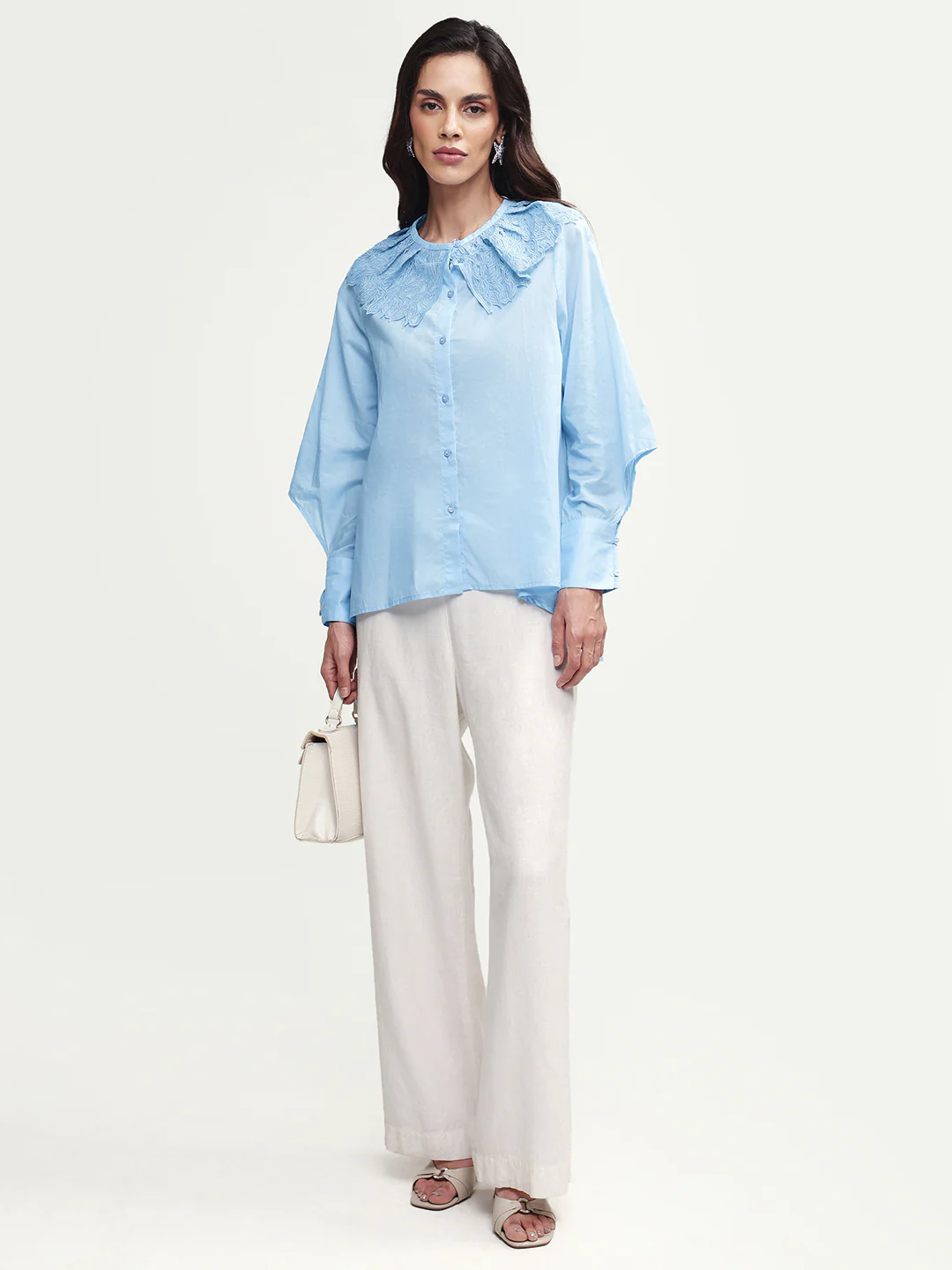 Rareism Women's Burrido Light Blue Cotton Drop Collar Plain Cuffed Sleeve Regular Fit Shirt - Image 3