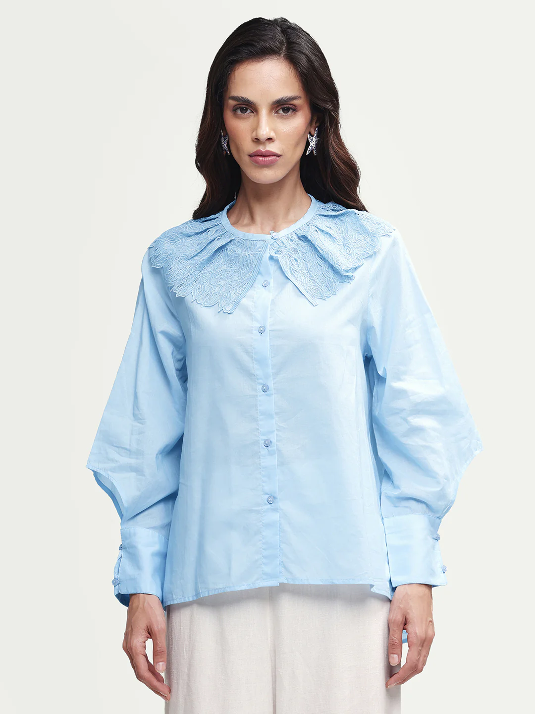 Rareism Women's Burrido Light Blue Cotton Drop Collar Plain Cuffed Sleeve Regular Fit Shirt - Image 4