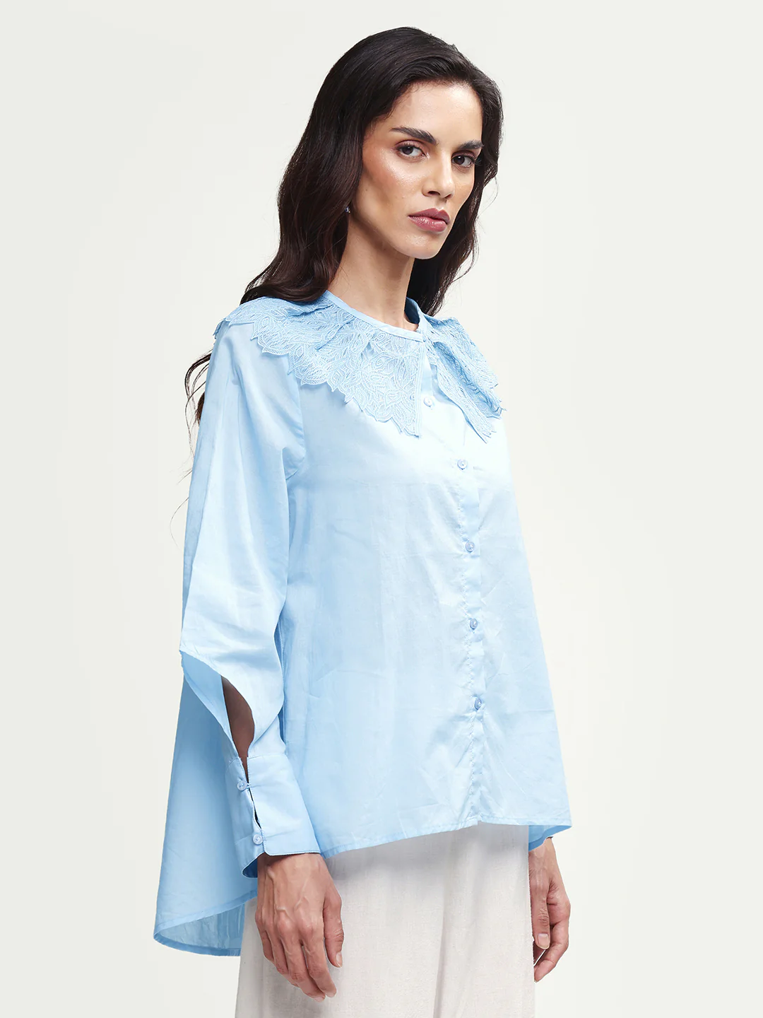 Rareism Women's Burrido Light Blue Cotton Drop Collar Plain Cuffed Sleeve Regular Fit Shirt - Image 5