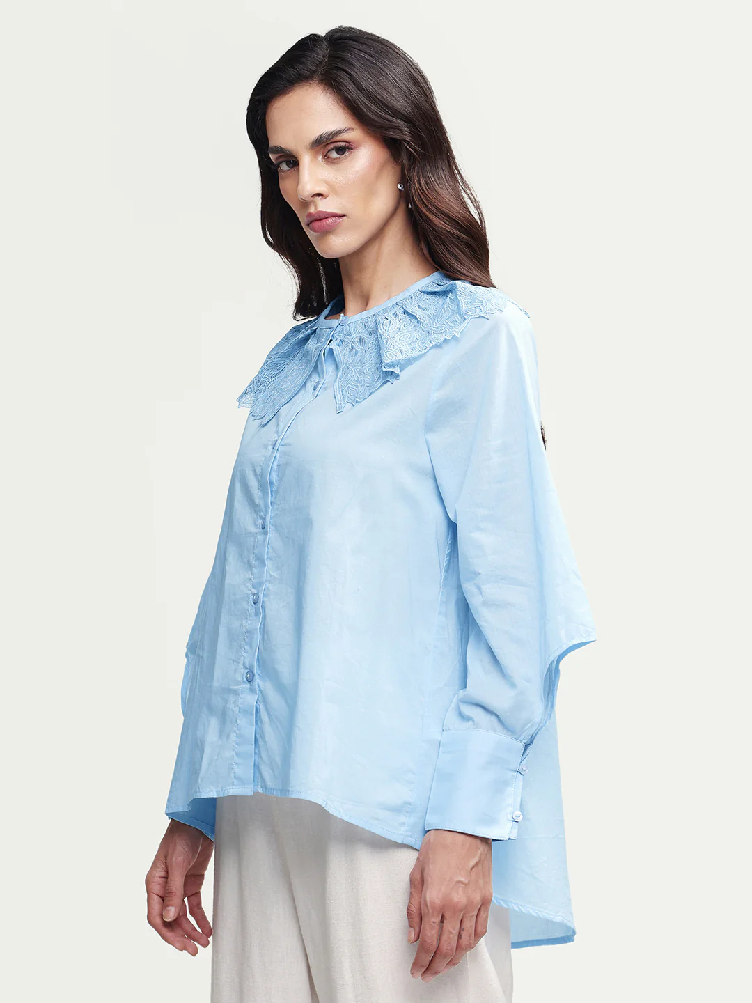 Rareism Women's Burrido Light Blue Cotton Drop Collar Plain Cuffed Sleeve Regular Fit Shirt - Image 6