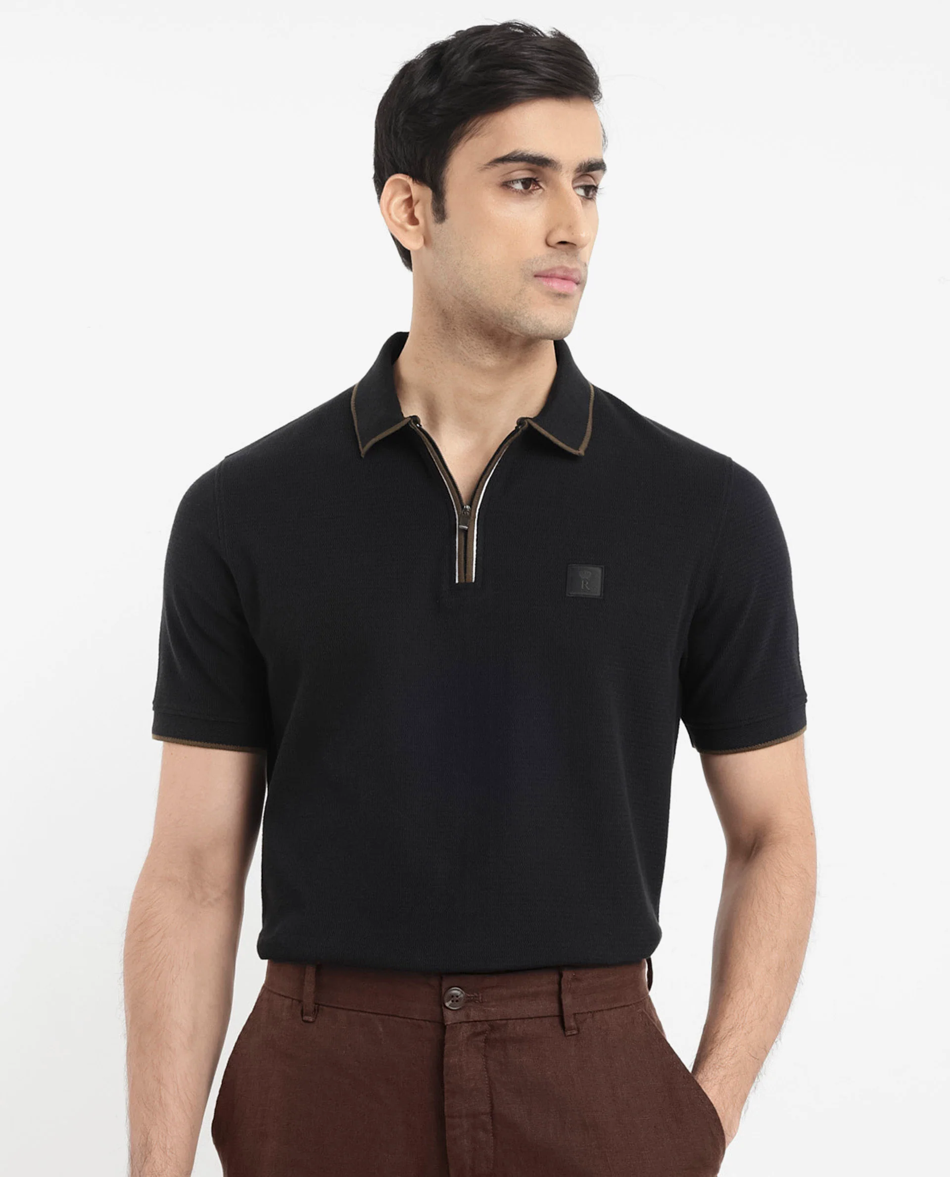 Rare Rabbit Men's Burrow Black Cotton Plain Regular Fit Half Sleeve Polo