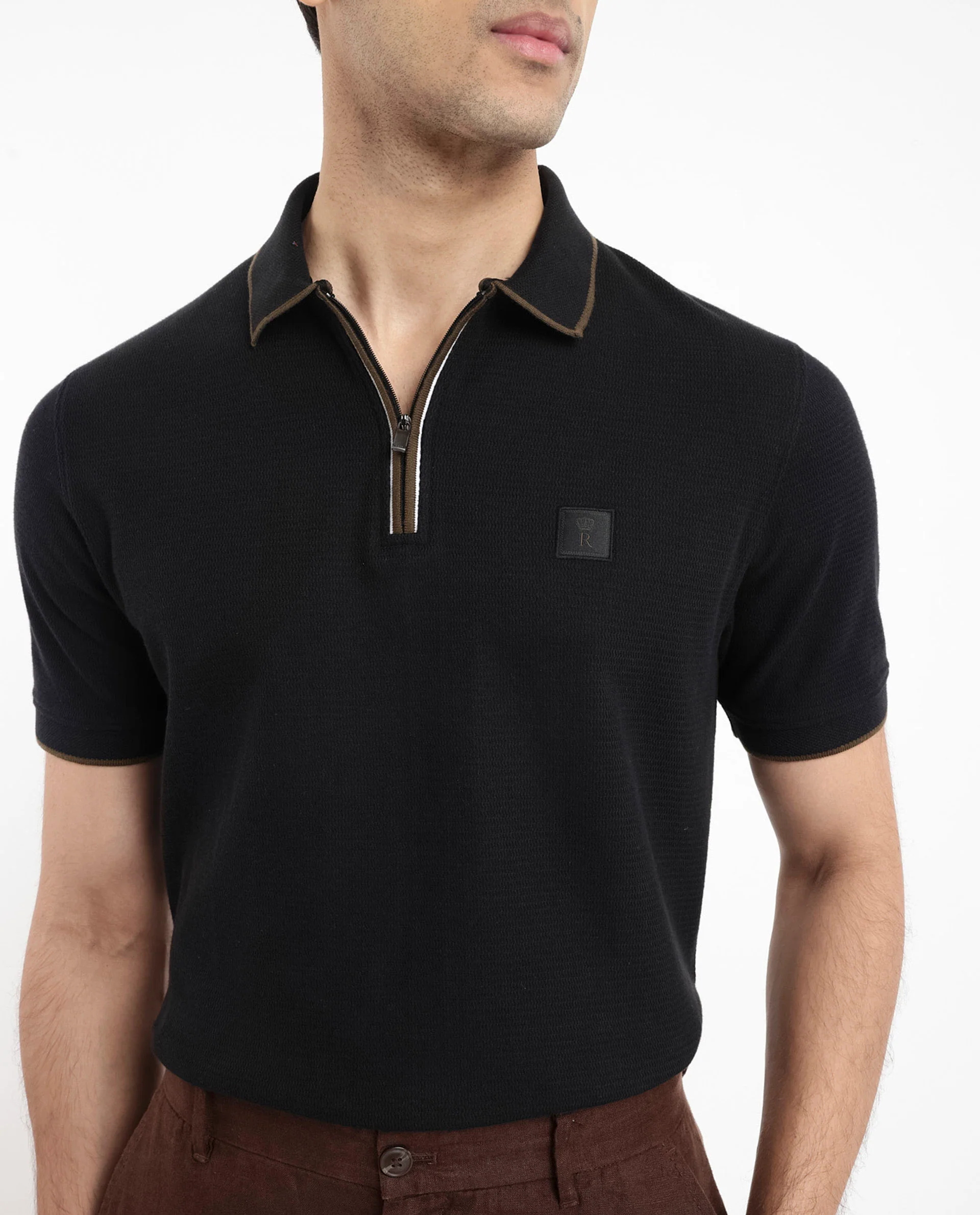 Rare Rabbit Men's Burrow Black Cotton Plain Regular Fit Half Sleeve Polo - Image 3