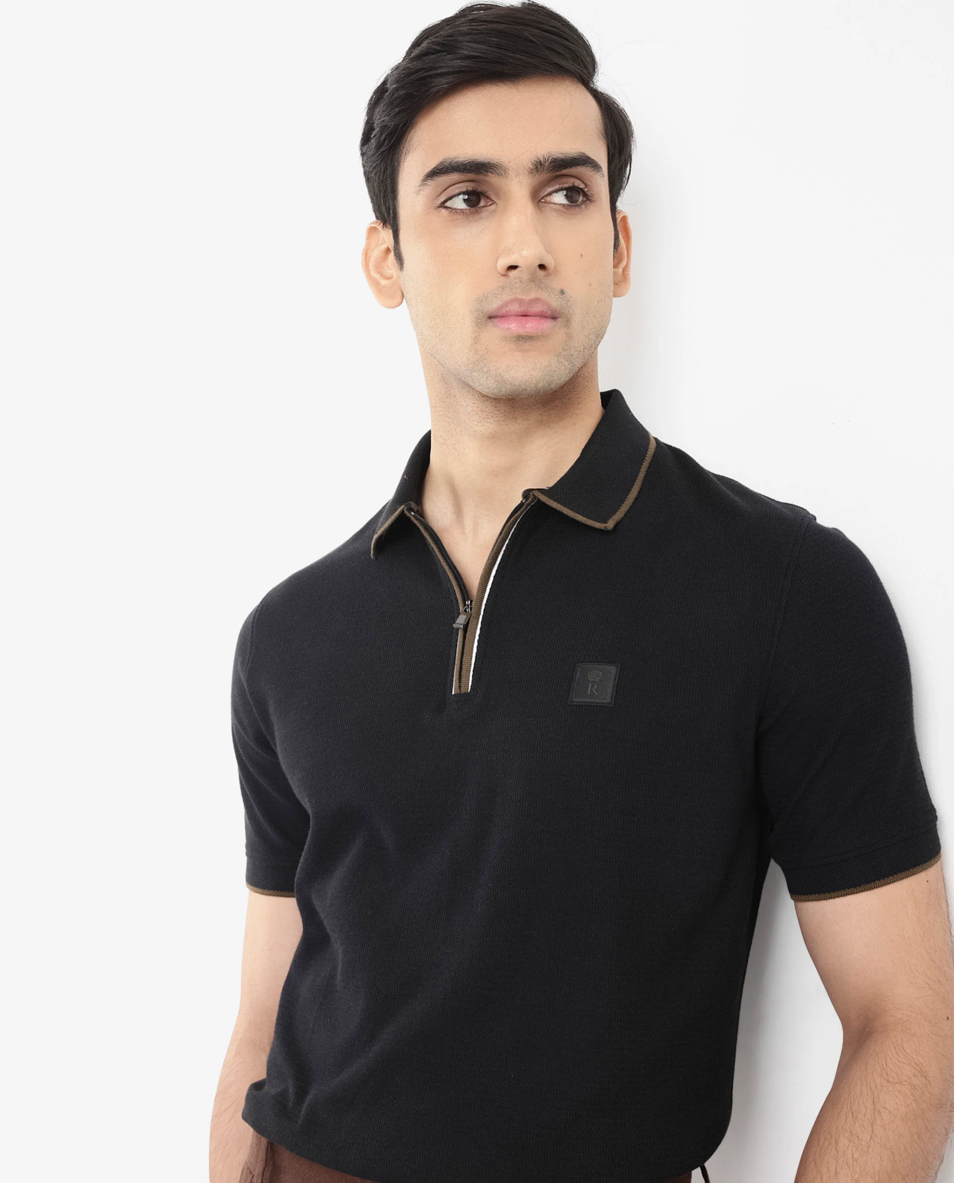 Rare Rabbit Men's Burrow Black Cotton Plain Regular Fit Half Sleeve Polo - Image 4
