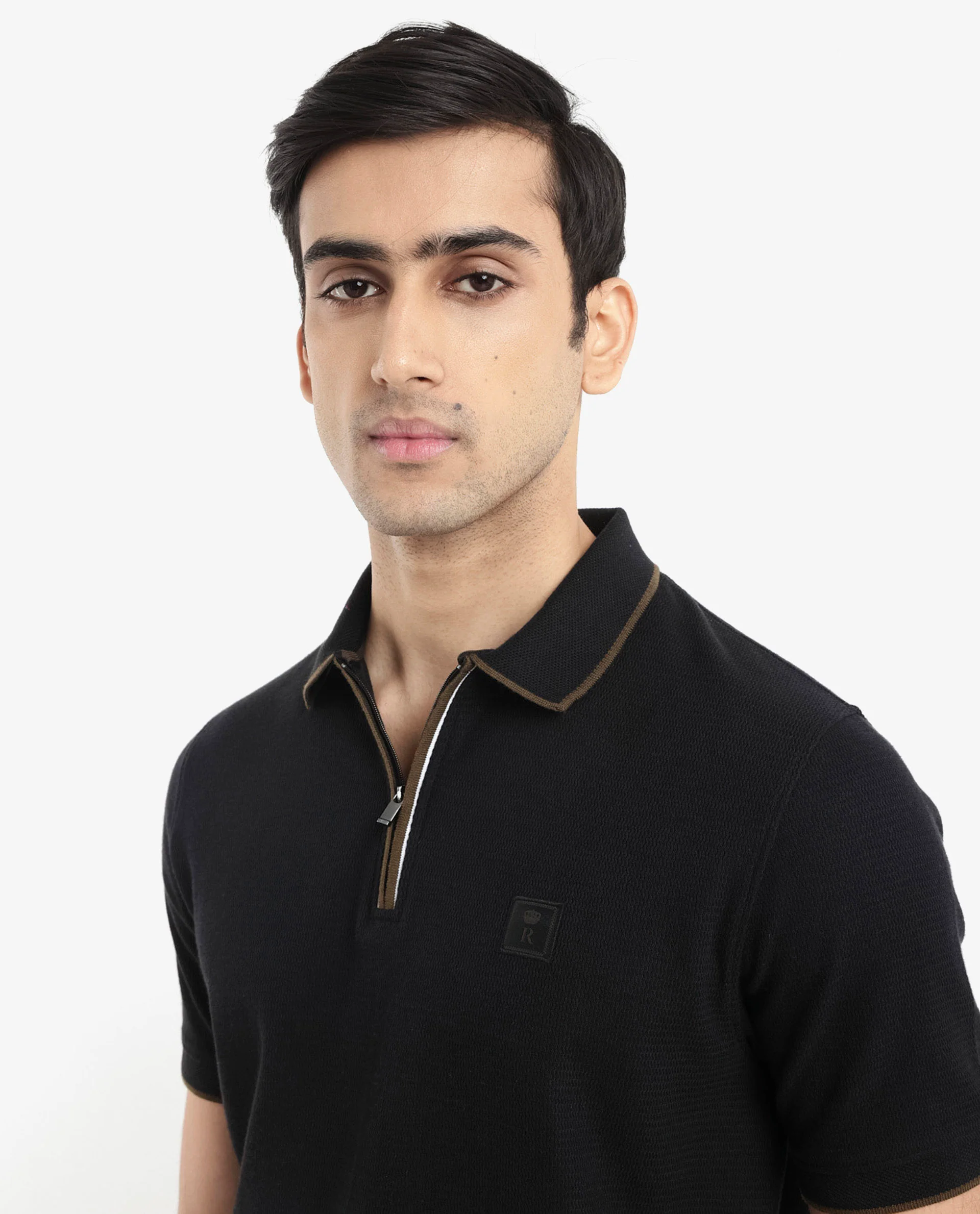 Rare Rabbit Men's Burrow Black Cotton Plain Regular Fit Half Sleeve Polo - Image 5
