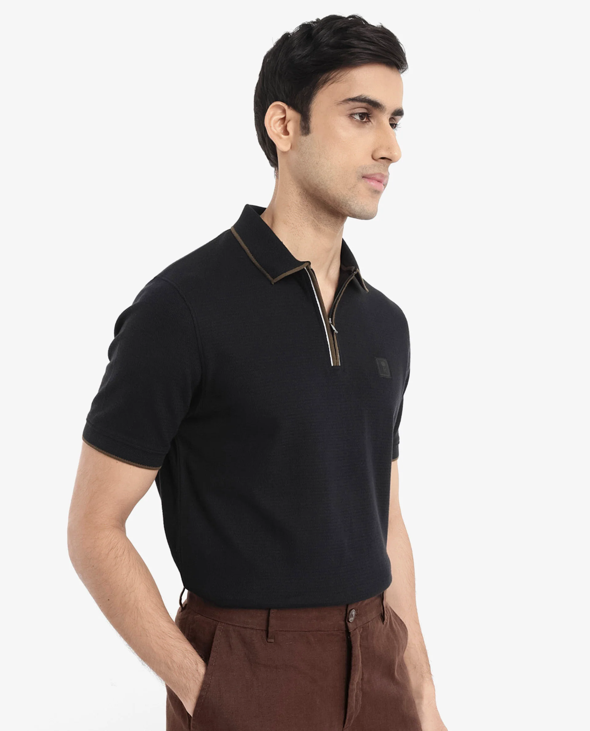Rare Rabbit Men's Burrow Black Cotton Plain Regular Fit Half Sleeve Polo - Image 6